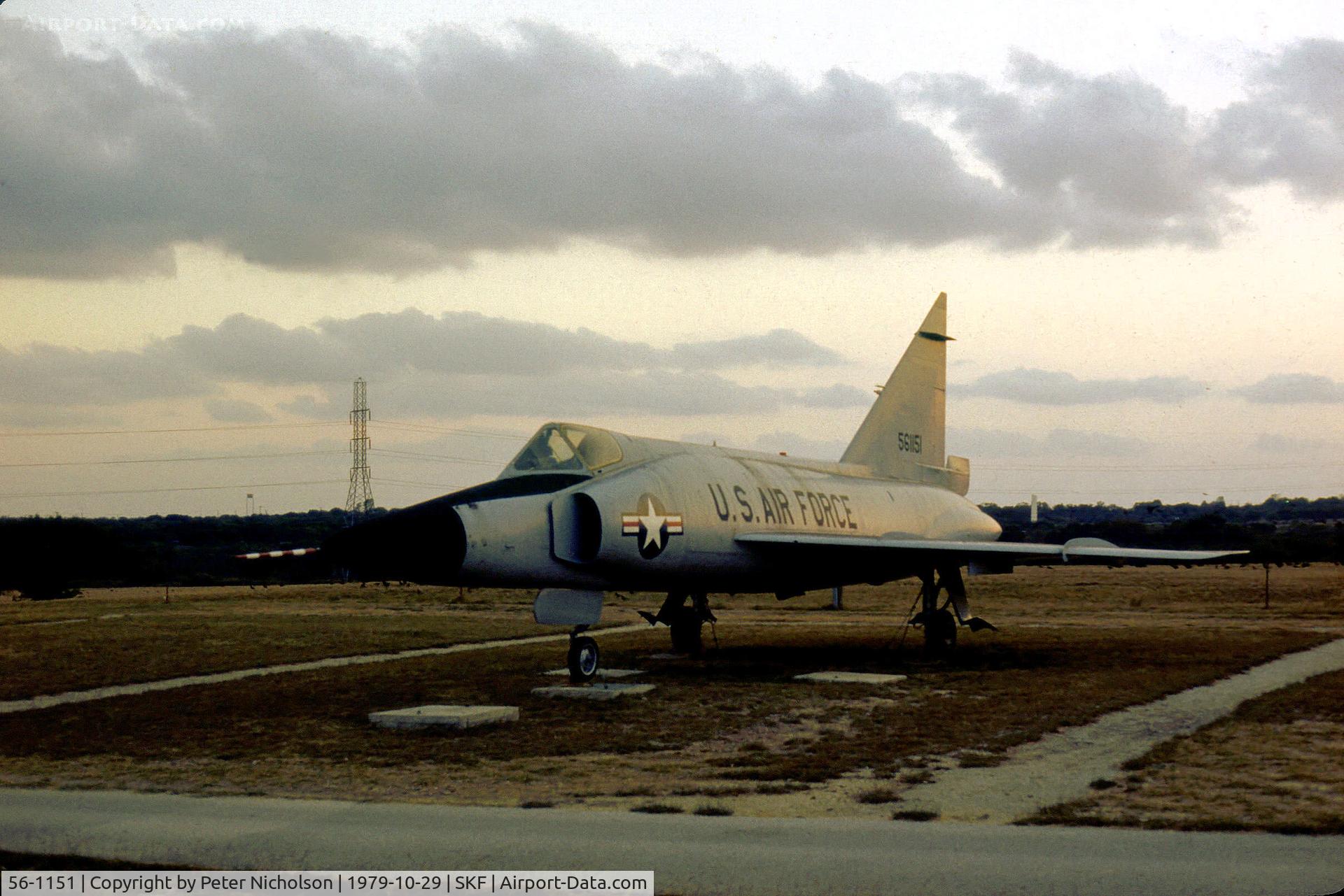 56-1151, 1956 Convair F-102A Delta Dagger C/N Not found 56-1151, F-102A Delta Dagger as an instructional trainer for flight-line security at Lackland AFB in October 1979.