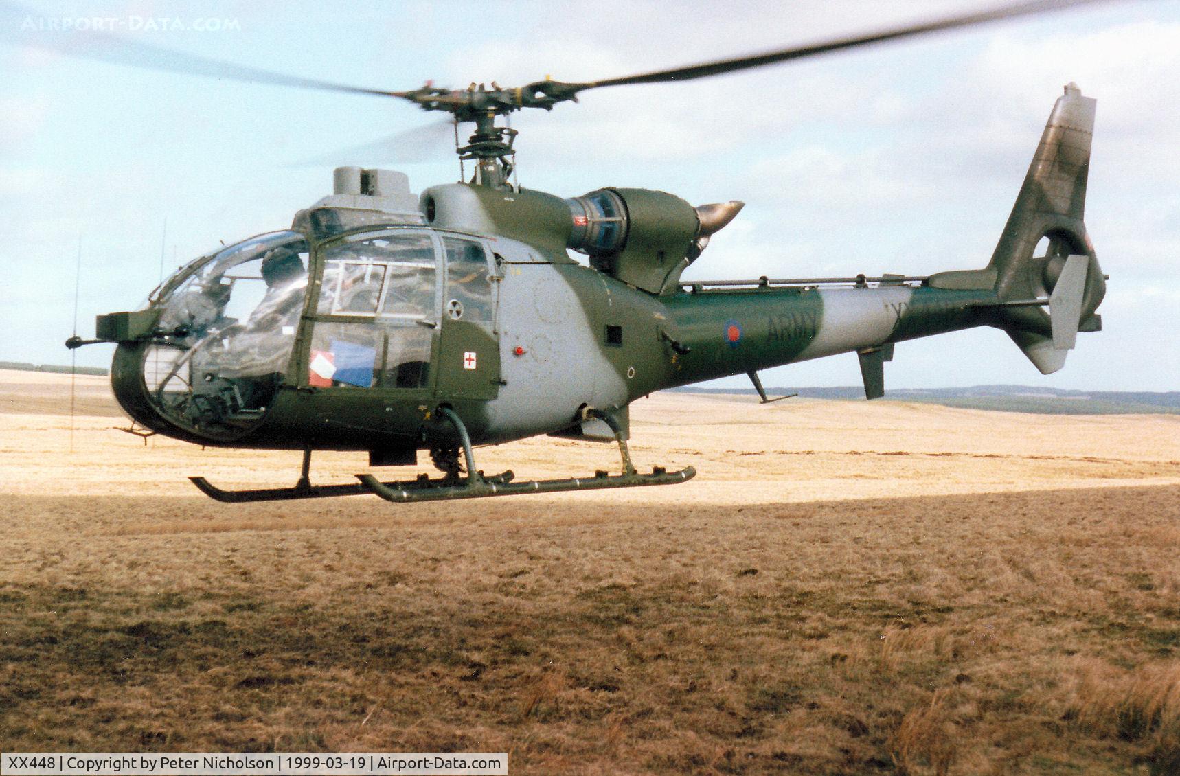 XX448, 1976 Westland SA-341B Gazelle AH1 C/N 1440, Gazelle AH.1, callsign Army Air 562, of 664 Squadron on Forward Air Control Training in March 1999.