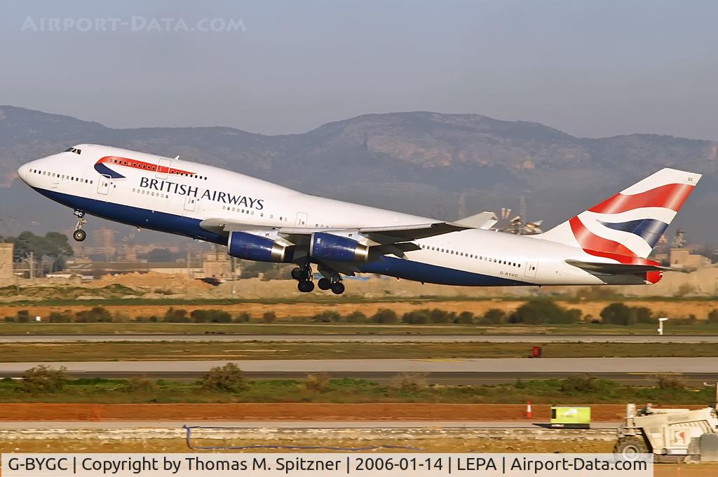 G-BYGC, 1999 Boeing 747-436 C/N 25823, British Airways G-BYGC departure at PMI. Might have picked up or brought cruise ship passengers to PMI. Powerful t/o!