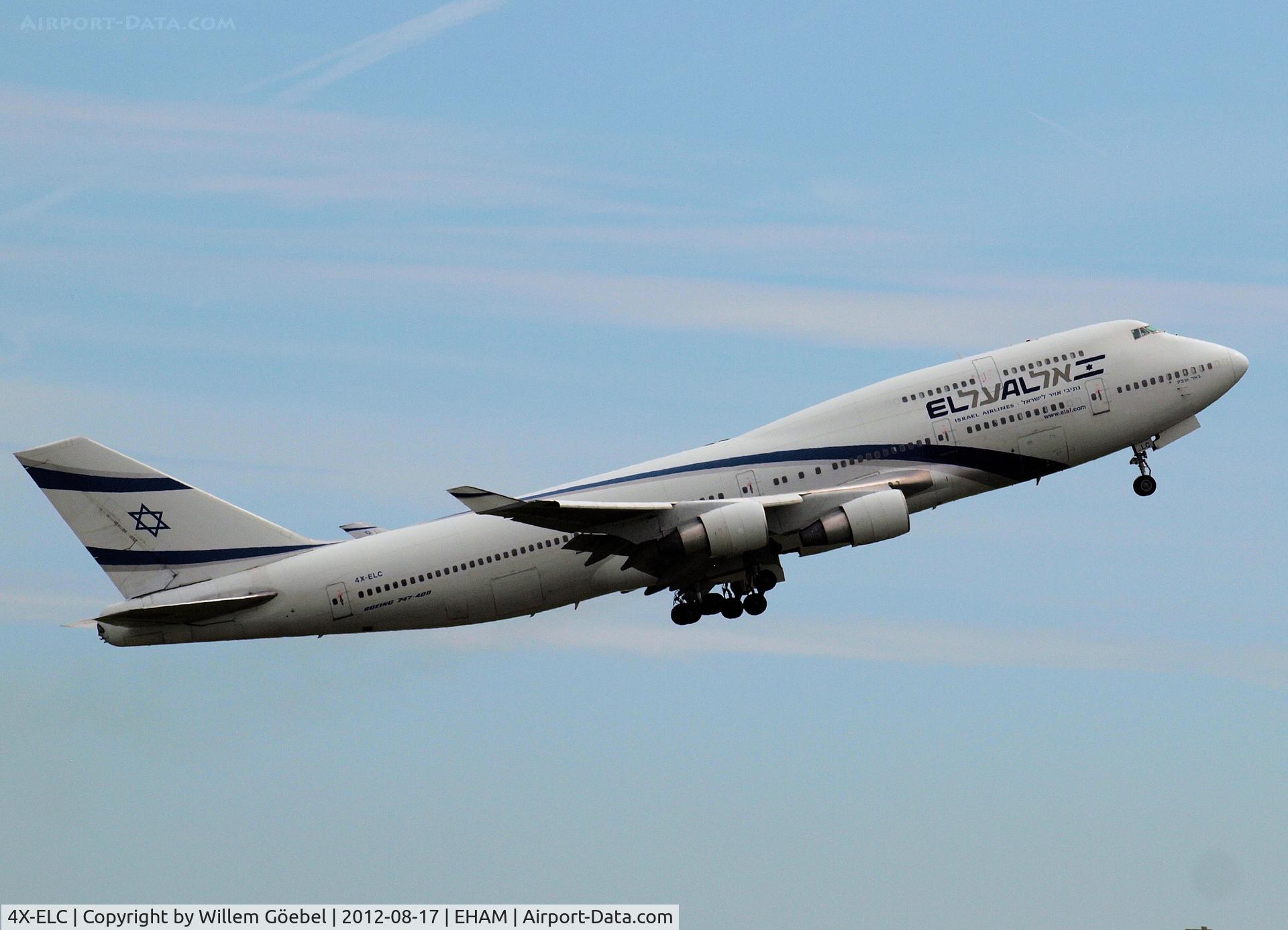 4X-ELC, 1995 Boeing 747-458 C/N 27915, Take off from runway L18 of Schiphol Airport.