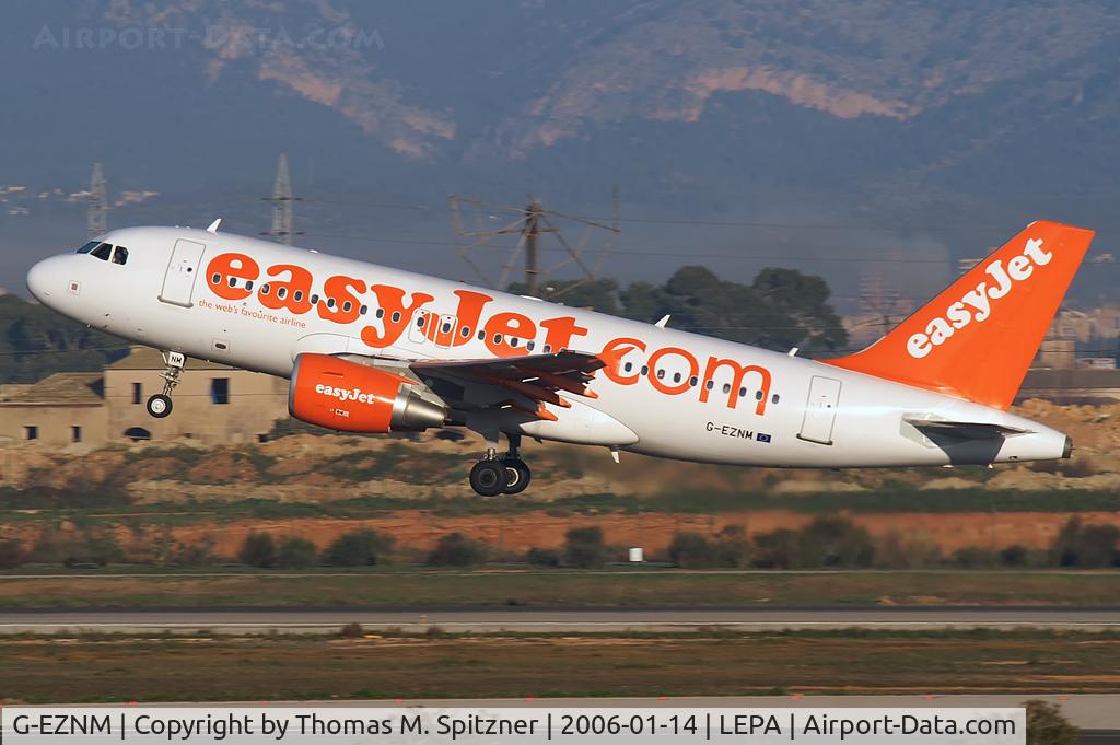 G-EZNM, 2005 Airbus A319-111 C/N 2402, EasyJet Airlines G-EZNM leaving PMI headed for it's operating base at DTM / EDLW. It was only a few hours later when we met her and her crew a second time this day flying aboard this a/c from BCN to DTM
