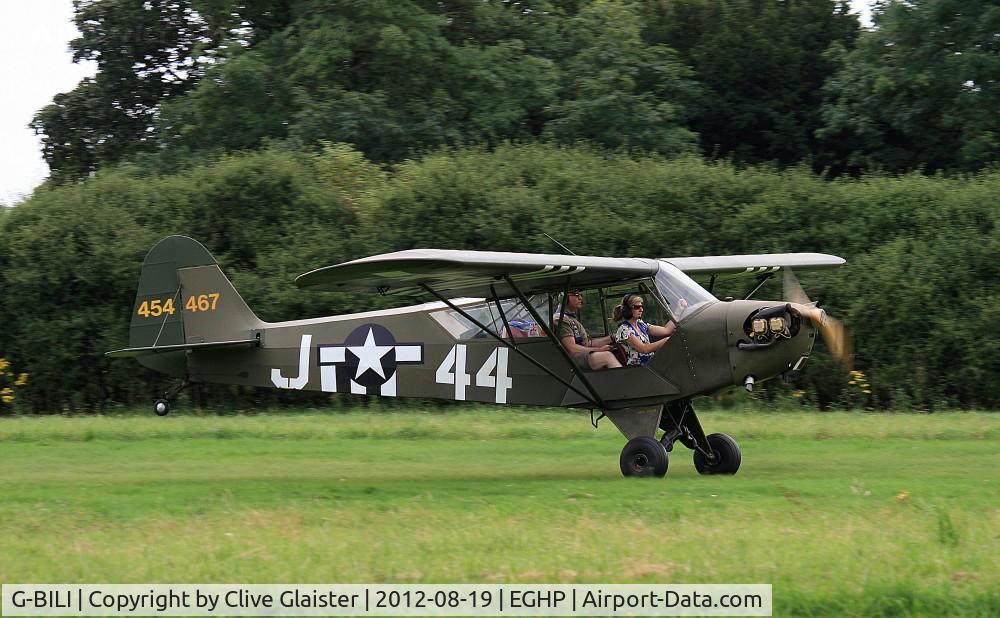 G-BILI, 1948 Piper L-4J Grasshopper (J3C-65D) C/N 13207,  Ex: 45-4467 F-BDTB > G-BILI - Originally in private hands in January 1981 and currently with and a trustee of, G-BILI Flying since March 1990. In the colours of, USAAF as 454467.
