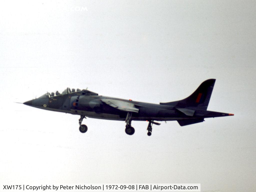 XW175, 1969 Hawker Siddeley Harrier T.2 C/N 212002, Harrier T.2 demonstrating at the 1972 Farnbrough Airshow.