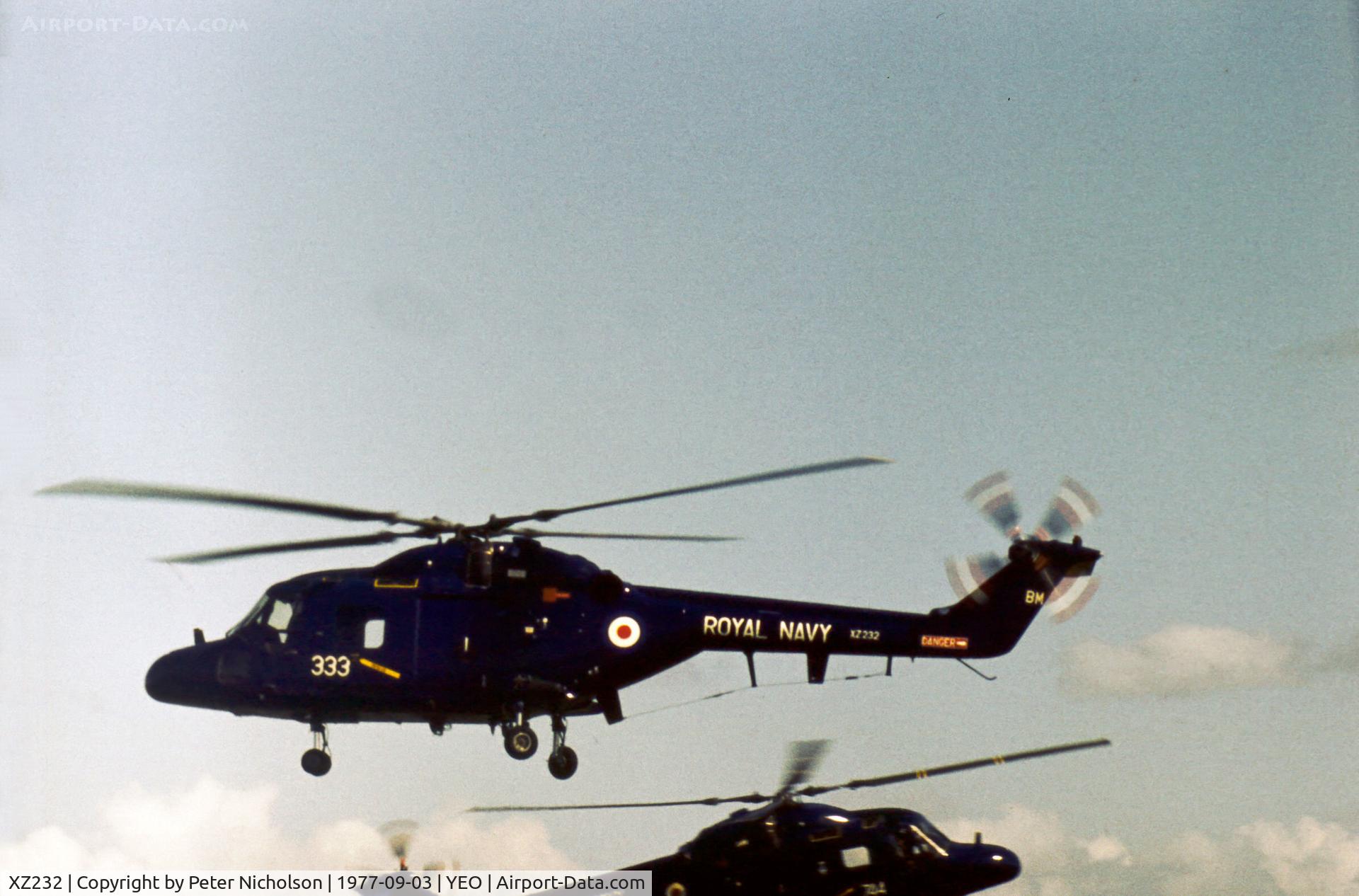XZ232, 1977 Westland Lynx HAS.2 C/N 009, Lynx HAS.2 of 700L Squadron in action at the 1977 RNAS Yeovilton Airshow.