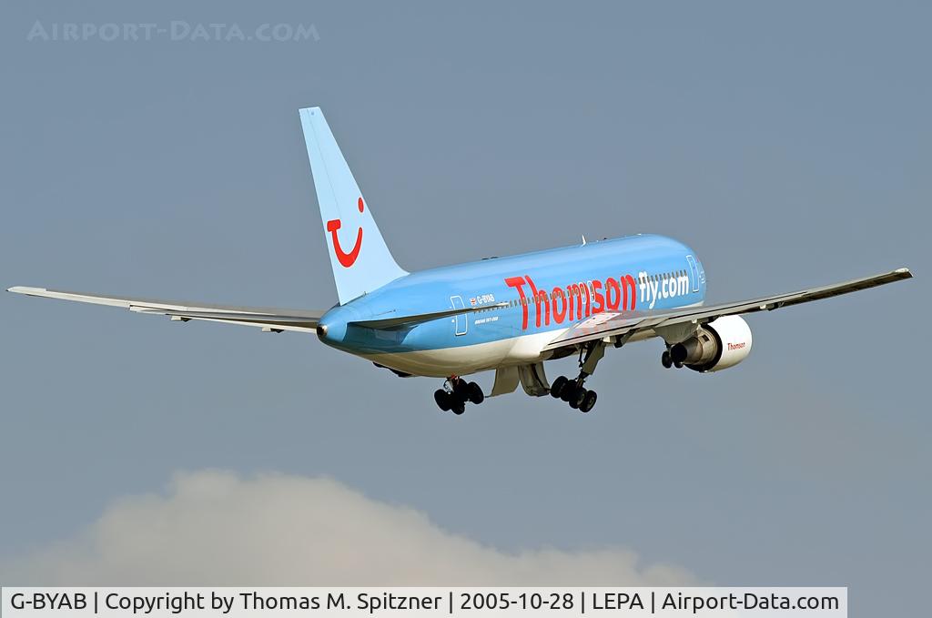 G-BYAB, 1991 Boeing 767-204 C/N 25139, Thomsonfly G-BYAB climb flight out of Rwy 06R at PMI
