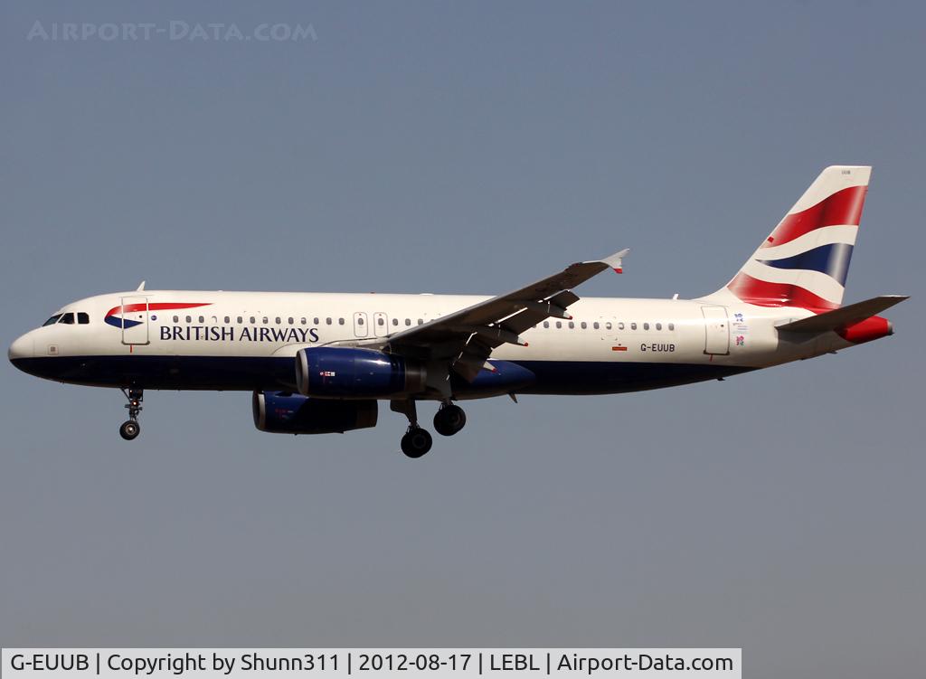 G-EUUB, 2002 Airbus A320-232 C/N 1689, Landing rwy 25R with additional small Olympic Game sticker...