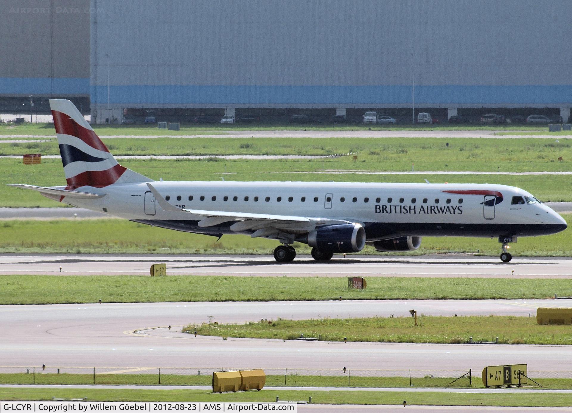 G-LCYR, 2012 Embraer 190SR (ERJ-190-100SR) C/N 19000563, Taxi to runway 24 of Schiphol Airport for take off.