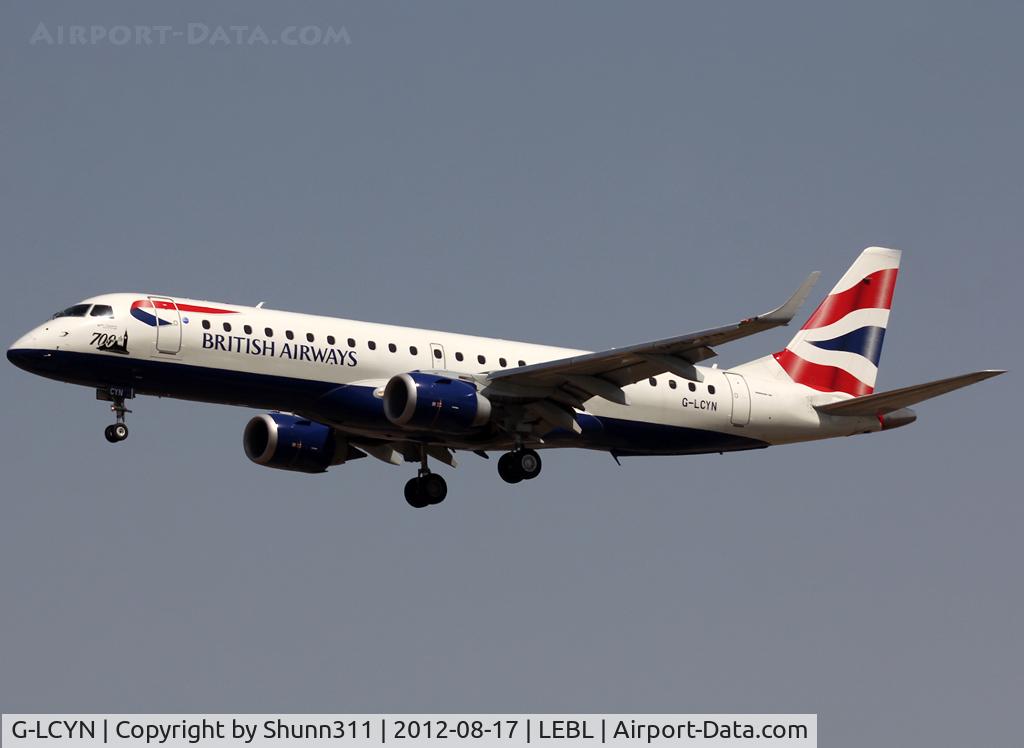 G-LCYN, 2010 Embraer 190SR (ERJ-190-100SR) C/N 19000392, Landing rwy 25R with additional '700th' titles on nose...
