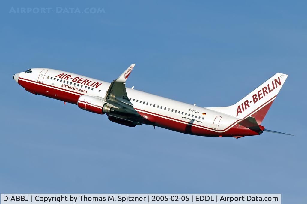 D-ABBJ, 2003 Boeing 737-86Q C/N 30286, Air Berlin D-ABBJ climb flight out of Rwy 23L at DUS