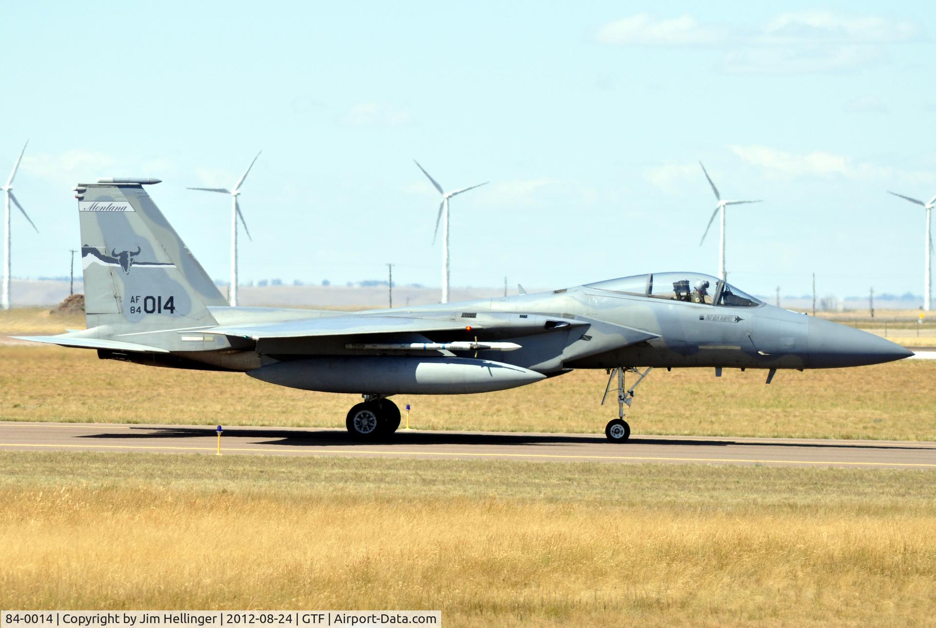84-0014, 1984 McDonnell Douglas F-15C Eagle C/N 0923/C317, 120th FW (Montana ANG) F-15C 014 taxiing on a windy day at GTF.