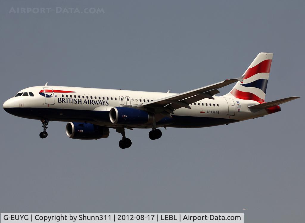 G-EUYG, 2010 Airbus A320-232 C/N 4238, Landing rwy 25R with additional Olympic Game sticker...