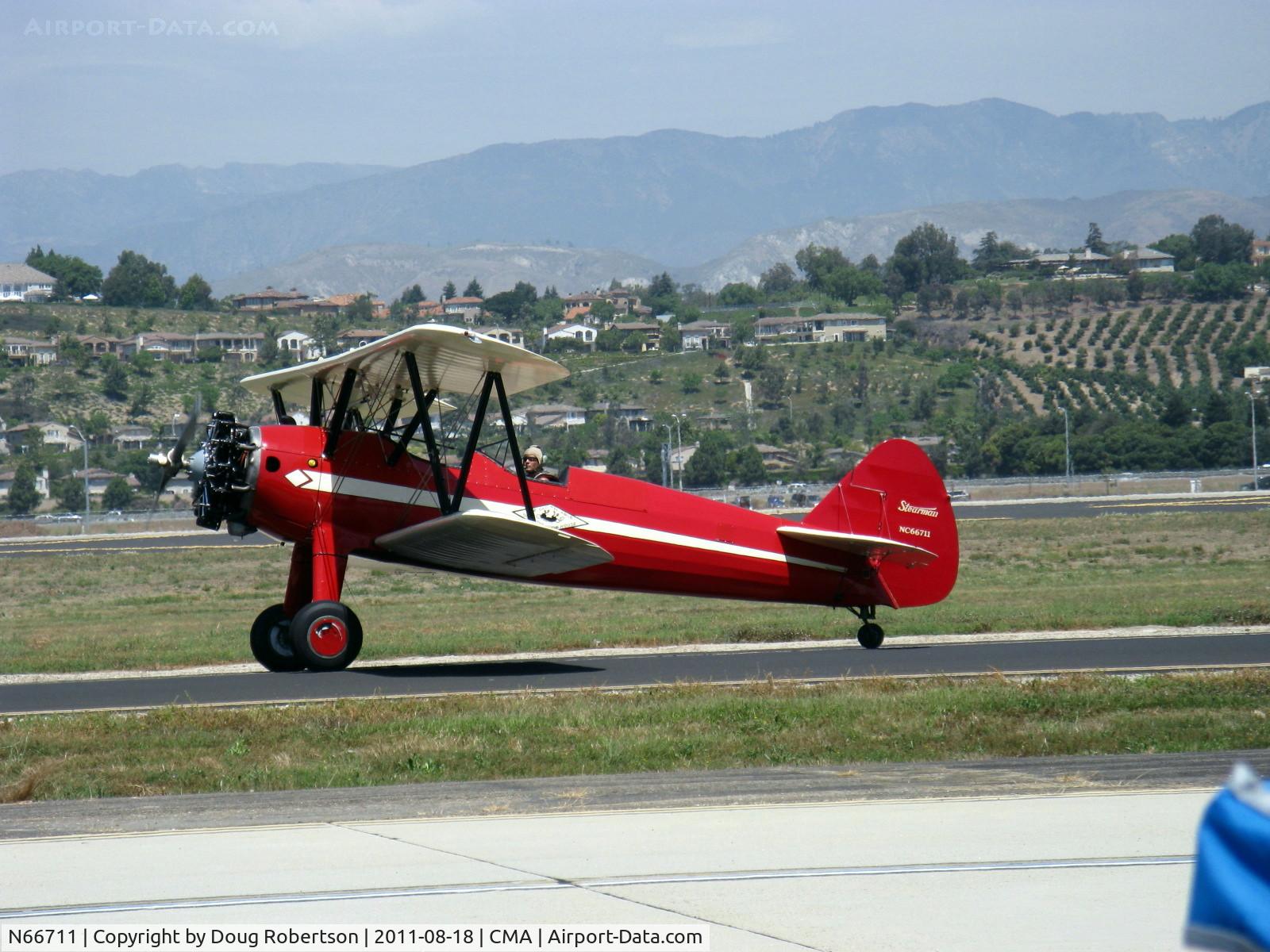 N66711, 1941 Boeing IB75A C/N 75-1675, 1941 Boeing Stearman IB75A, Jacobs R-755B2 275 Hp upgrade. Restored, recovered by Rowena's Flying Fabric Company at SZP. Taxi to 26