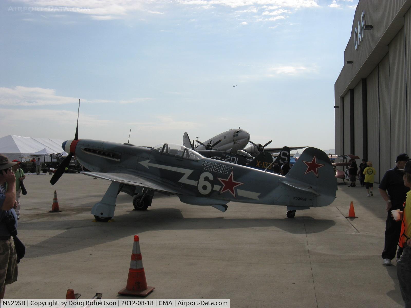 N529SB, 1945 Yakovlev Yak-3M C/N 0470104, 1945 Yakovlev YAK-3M, Klimov VK105 PF-2 V-12 1,300 Hp replica with aluminum wings vice wood of original. At Commemorative Air Force of SoCal Wing ramp. Experimental class.
