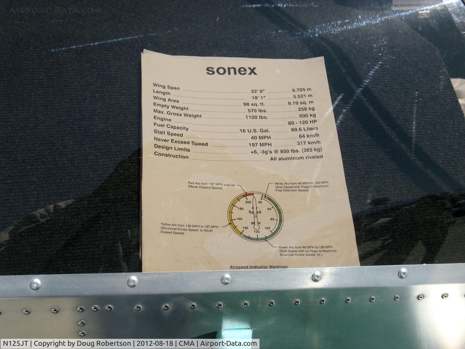 N125JT, 2012 Sonex Sonex C/N 0621, 2012 MCDaniel SONEX, AeroVee 2.1 80 Hp, data
