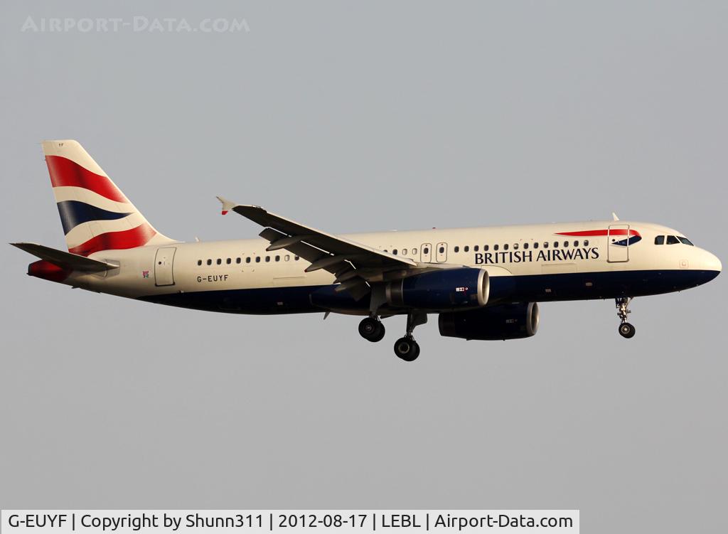 G-EUYF, 2010 Airbus A320-232 C/N 4185, Landing rwy 25R with additional 'Olympic Games' sticker partially removed...
