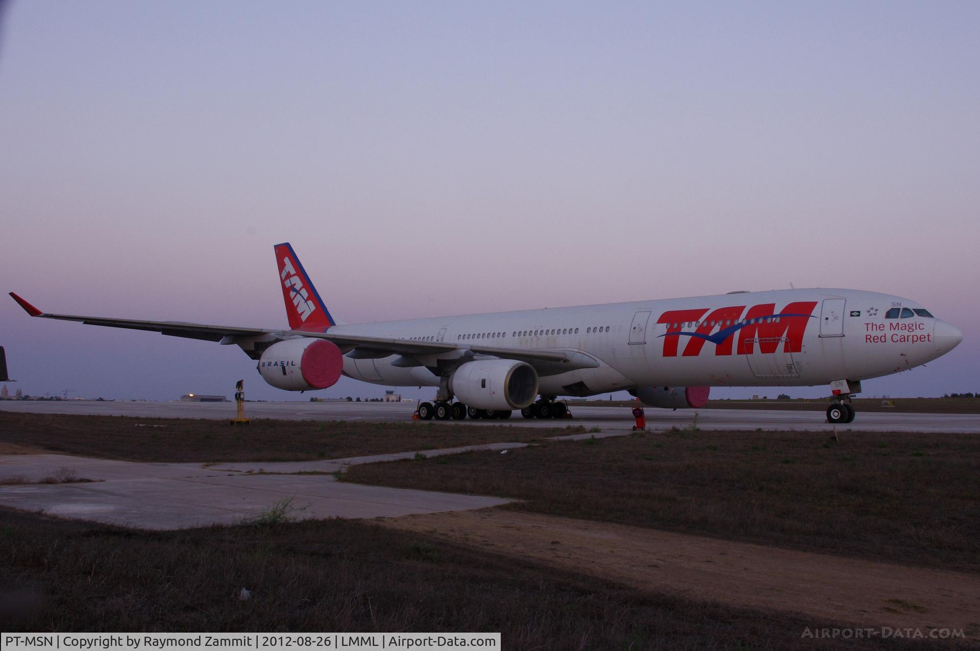 PT-MSN, 2003 Airbus A340-541 C/N 445, A340 PT-MSN of TAM Brazil in storage condition in Malta.