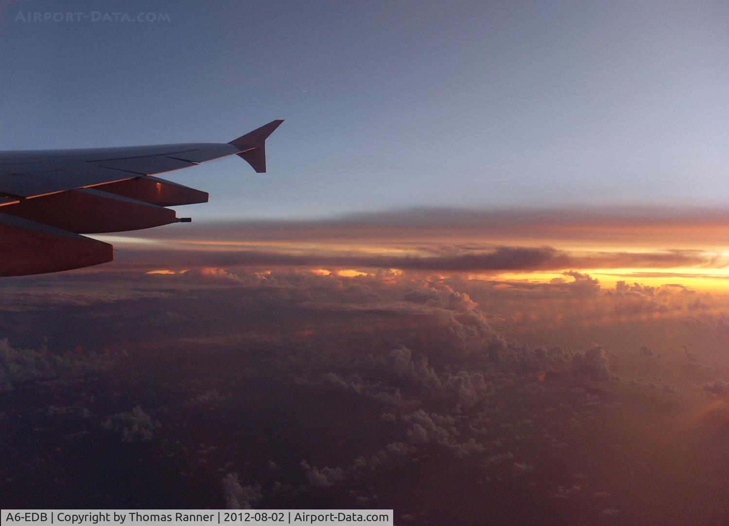 A6-EDB, 2008 Airbus A380-861 C/N 013, sunset over the Indian Ocean while flight DXB-SYD