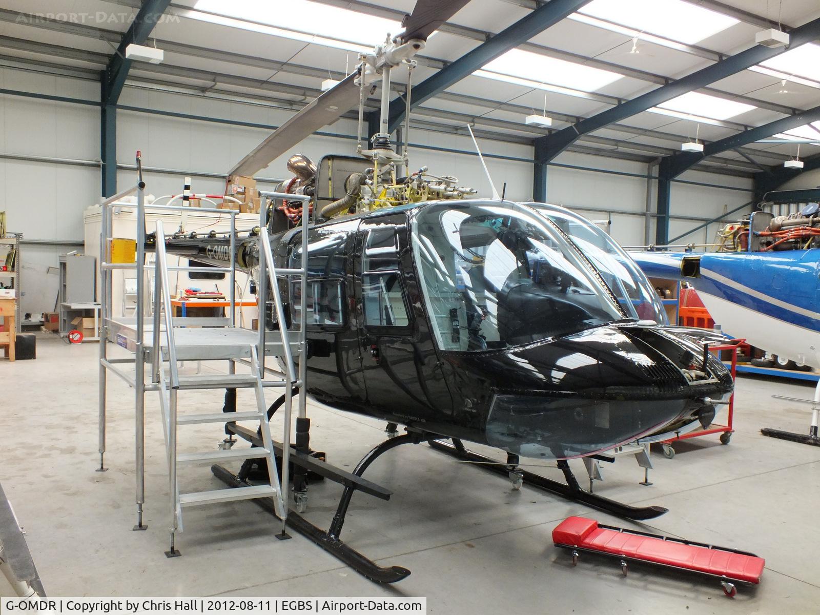 G-OMDR, 1981 Agusta AB-206B JetRanger II C/N 8610, inside the Tiger Helicopter's Hangar at Shobdon Airfield, Herefordshire