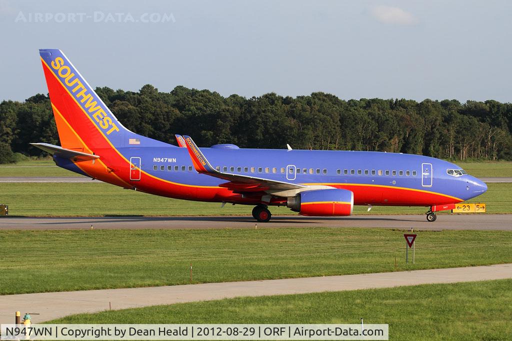 N947WN, 2010 Boeing 737-7H4 C/N 36924, Southwest Airlines N947WN (FLT SWA3158) taxiing to the gate after arrival from Jacksonville Int'l (KJAX). This aircraft no longer has the 