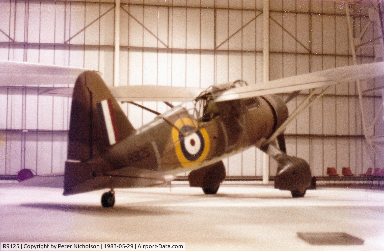 R9125, 1940 Westland Lysander III C/N 1185, Lysander II as seen in the Royal Air Force Museum at Hendon in May 1983.