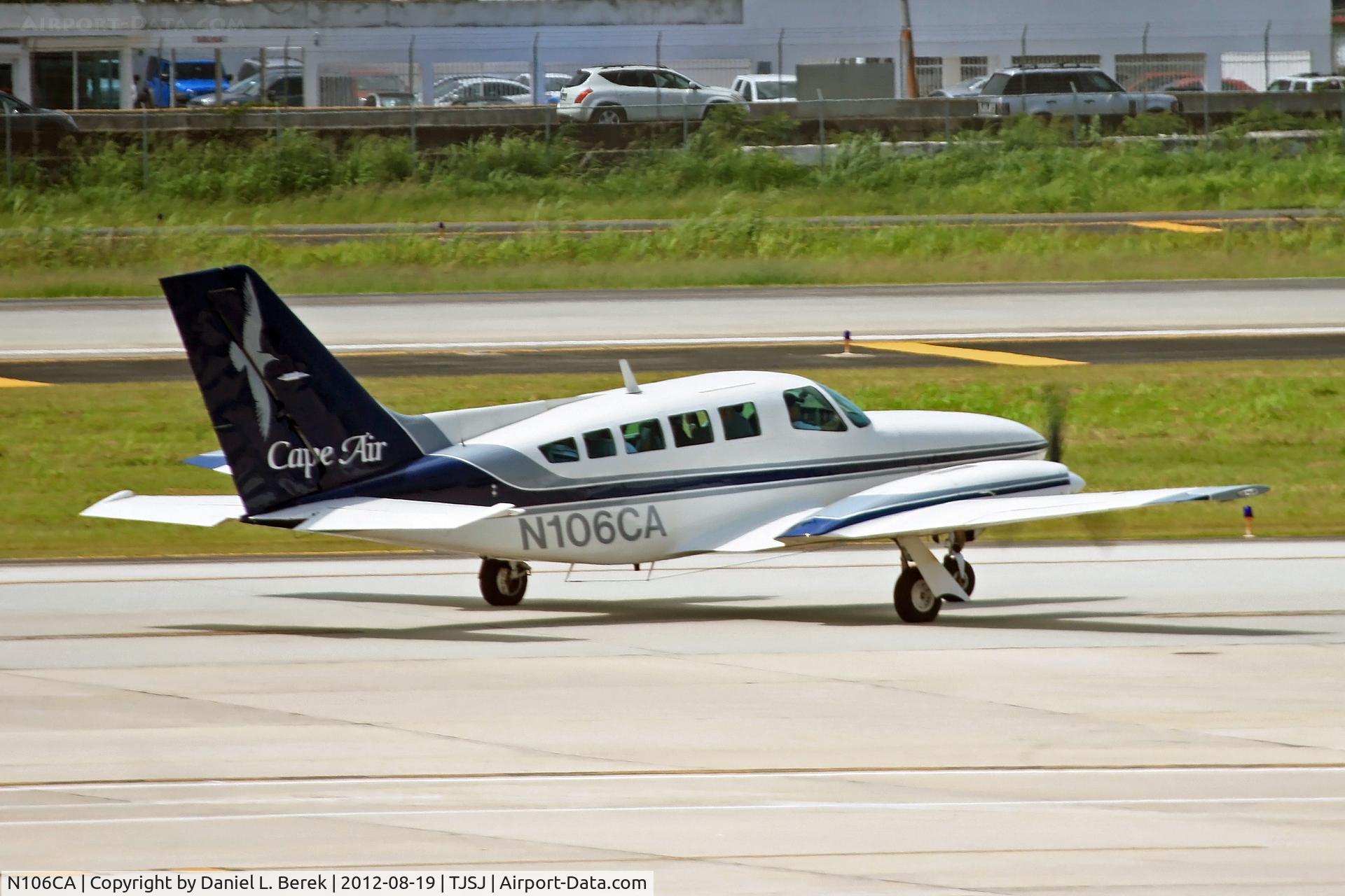 N106CA, 1985 Cessna 402C C/N 402C1020, A Cape Air Cessna 402C departs the San Juan ramp with a full load.