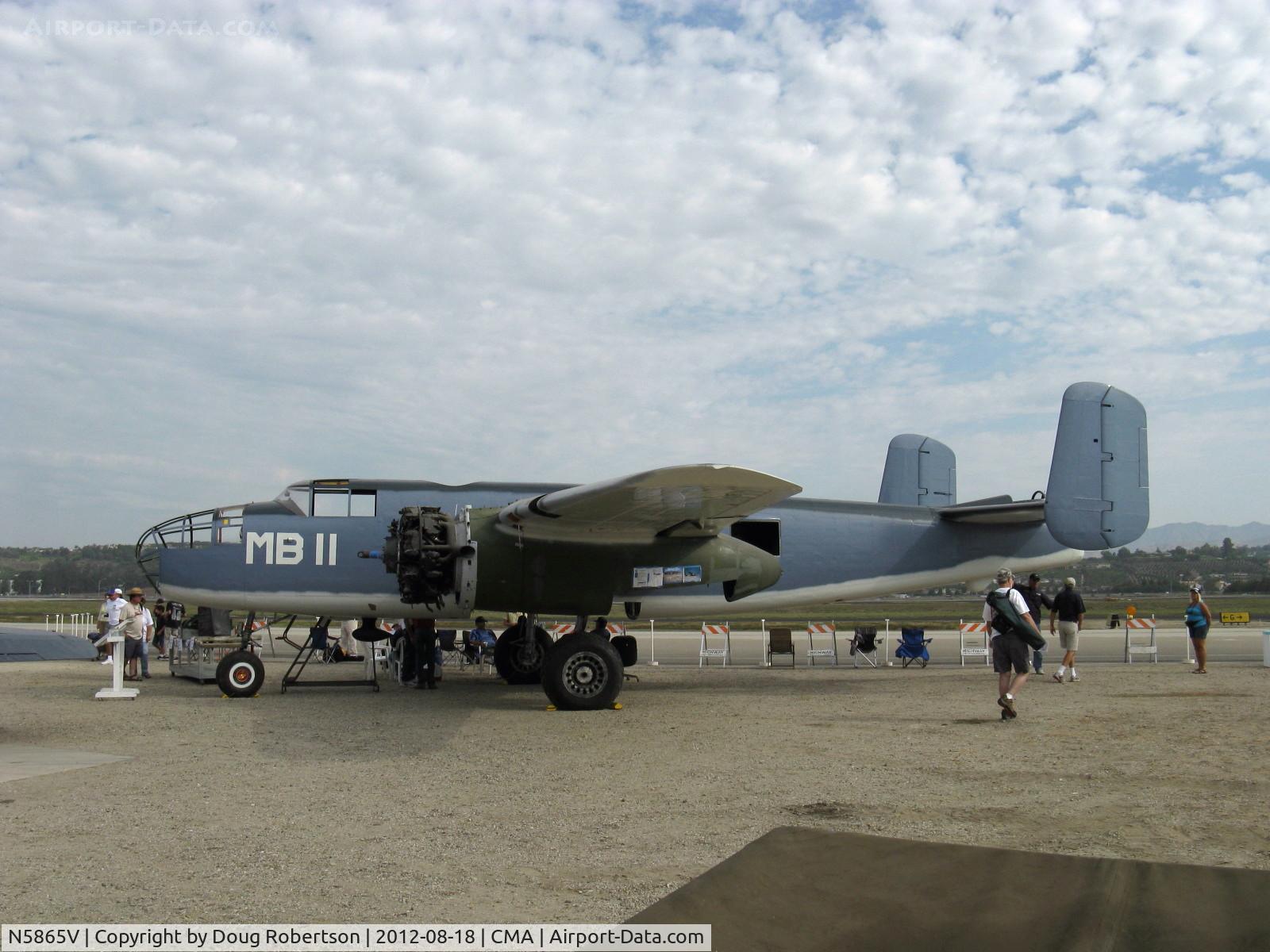 N5865V, 1945 North American B-25J Mitchell Mitchell C/N 108-34263, 1945 North American (B-25J) PBJ-1J SEMPER FI, two Wright Cyclone R-2600-9 14 cylinder radials 1,700 Hp each. An ex-Marine Corps Pilot friend flew these in the Okinawa campaign WWII.