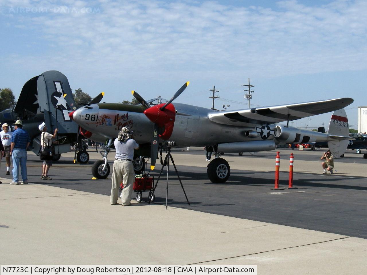 N7723C, 1944 Lockheed P-38L-5 Lightning C/N 7985, 1944 Lockheed P-38L LIGHTNING Honey Bunny, one Allison V-1710-111 and one Allison V-1710-113 counter-rotating 1,475 hp each