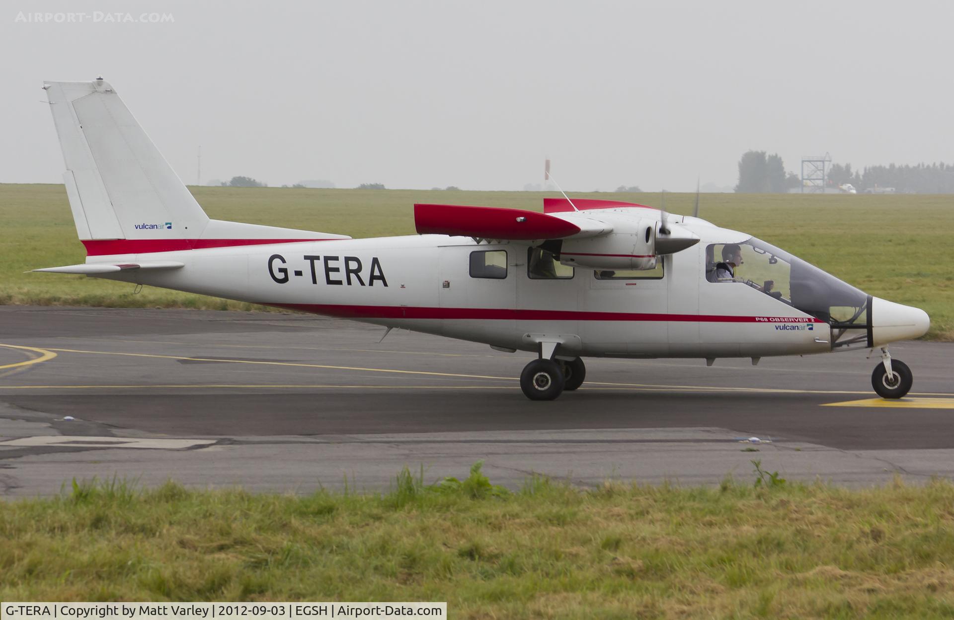 G-TERA, 2007 Vulcanair P-68 Observer 2 C/N 433-29 OB2, Departing a foggy SaxonAir apron.