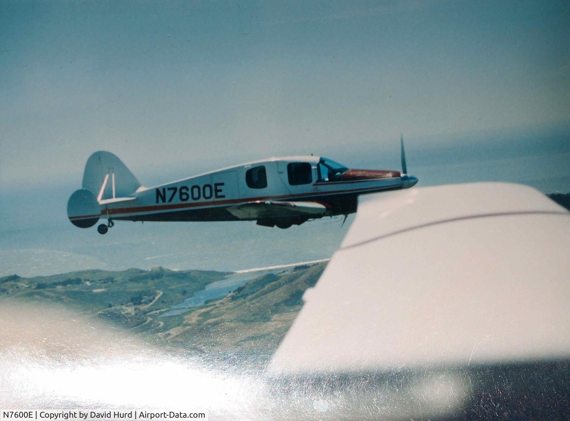 N7600E, 1958 Bellanca 14-19-2 Cruisair Senior C/N 4102, I purchased the aircraft in the mid 1980's in Oakland, CA.  for $12,500. I did the paint scheme and (at the time) my own blue leather interior. I put in the radio and transponder package. 
Dave Hurd
Placerville, CA