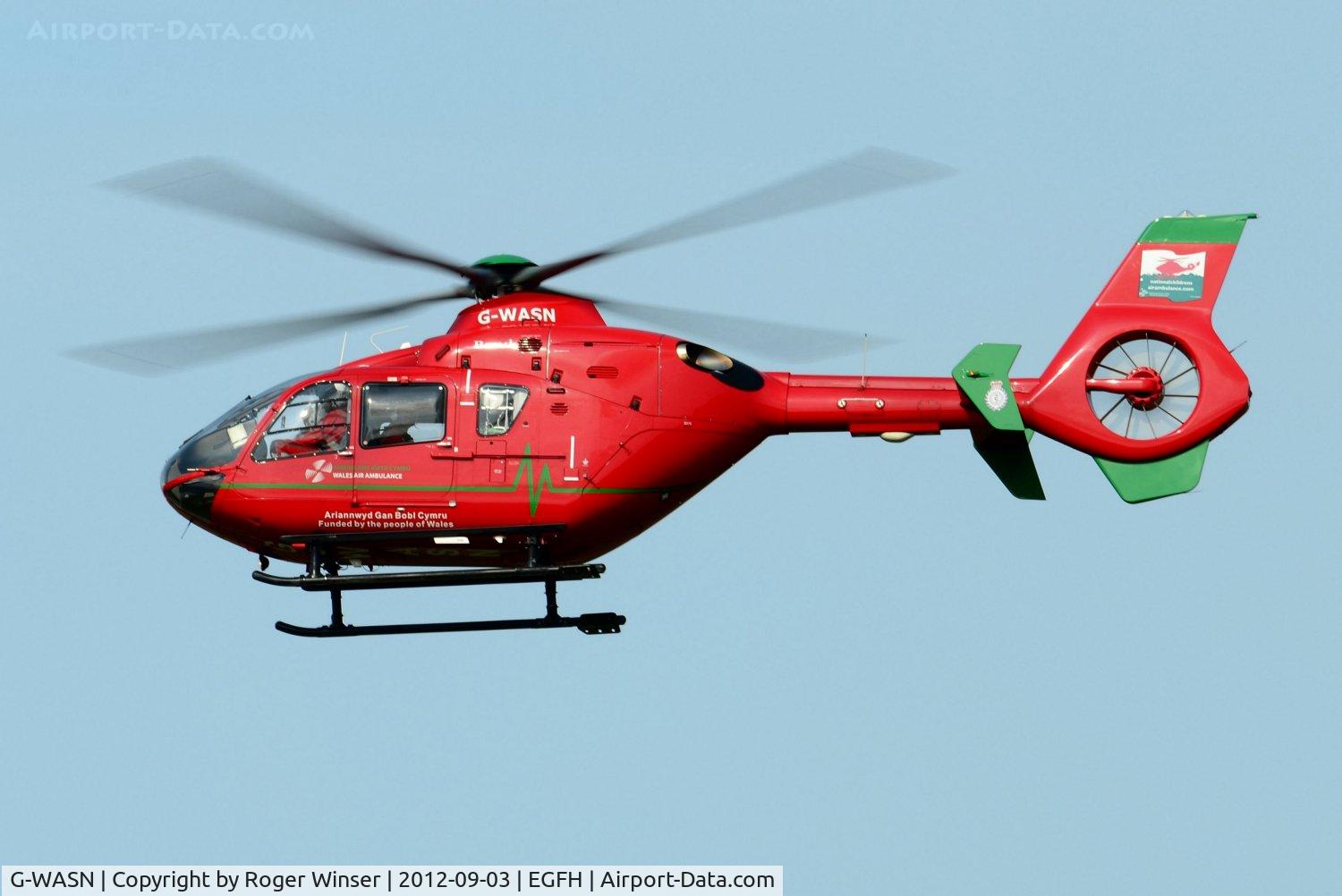 G-WASN, 2008 Eurocopter EC-135T-2+ C/N 0746, Wales Air Ambulance helicopter (Helimed 57) returning to base after a call out.