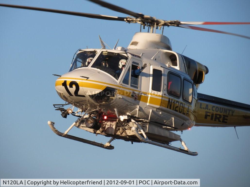 N120LA, 2007 Bell 412EP C/N 36455, LA Co crew waving to Pomona PD crew while on final for LA Co Air Ops helipad 2