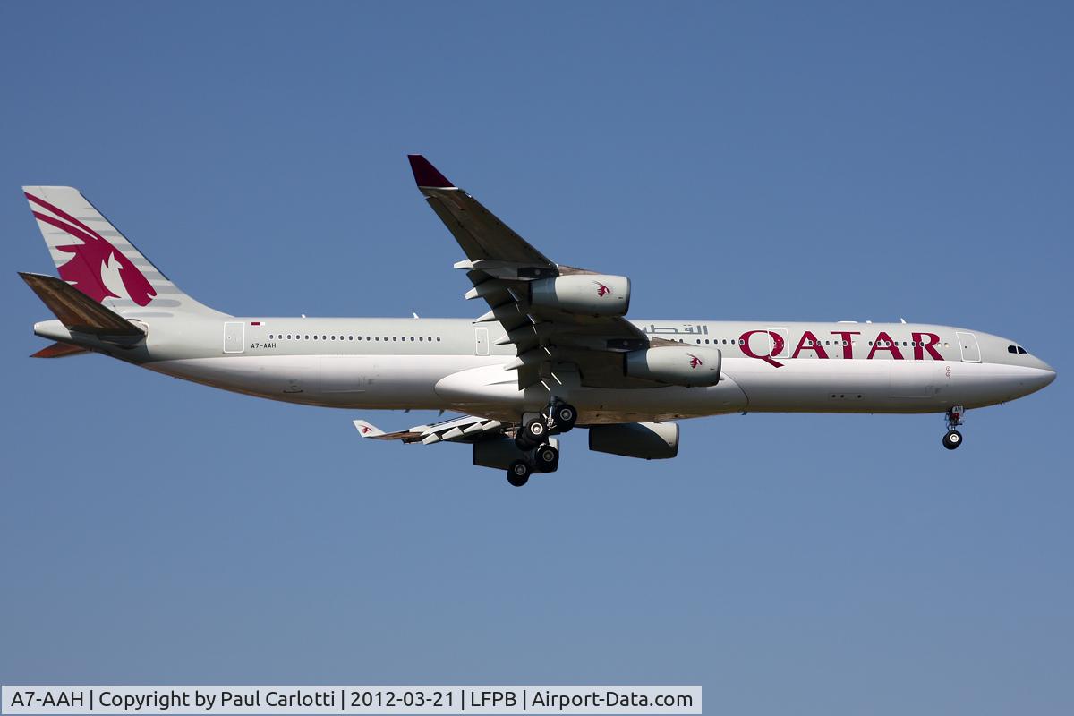 A7-AAH, 2003 Airbus A340-313X C/N 528, Arriving from Doha set to land via Rwy 07. As far as I can remember, this is my first capture of the A340 at LBG so far. Spotting a quads is always something out of the ordinary for us down here.
