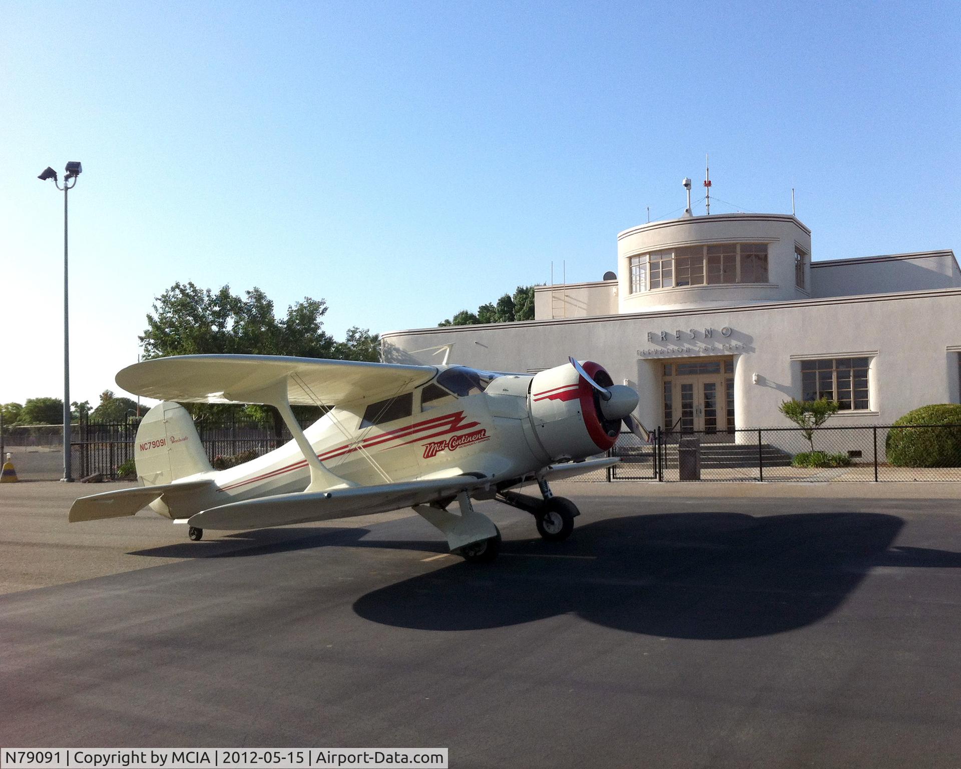 N79091, 1941 Beech D17S Staggerwing C/N 1020, N79091 in front of restored Fresno Chandler terminal