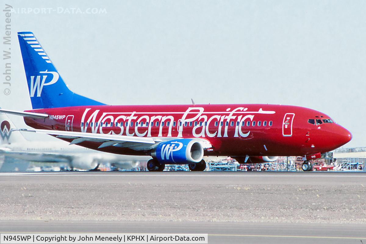 N945WP, Boeing 737-3K9 C/N 24212/1633, Western Pacific at PHX in July 1996.