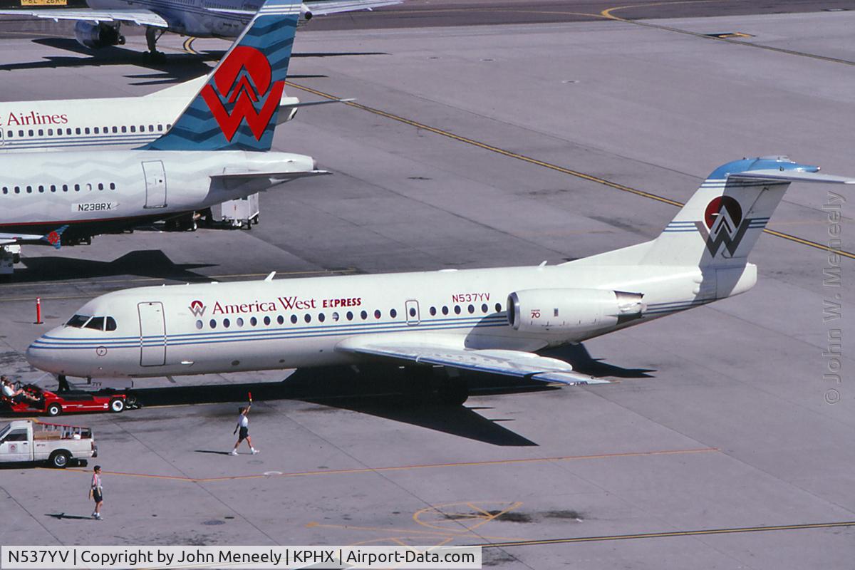 N537YV, 1995 Fokker 70 (F-28-0070) C/N 11537, One of two Fokker 70s operated by America West Express. Seen here at PHX in March 1997.