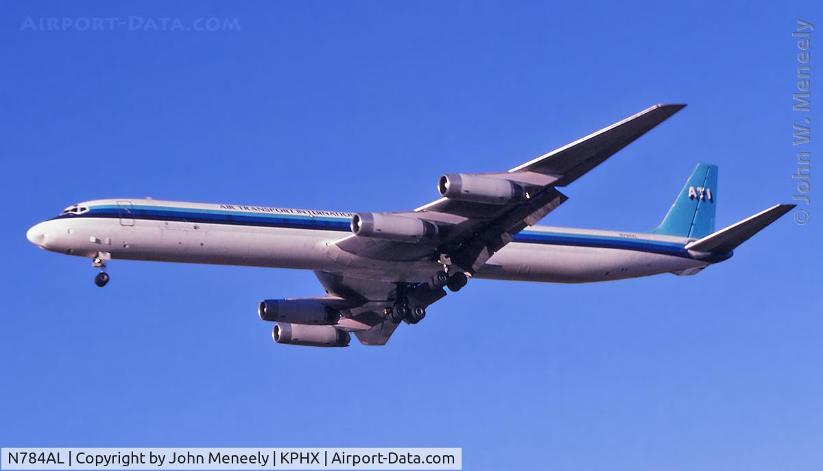 N784AL, 1970 McDonnell Douglas DC-8-63F C/N 46135, ATI DC-8 about to land at PHX in July 1997.