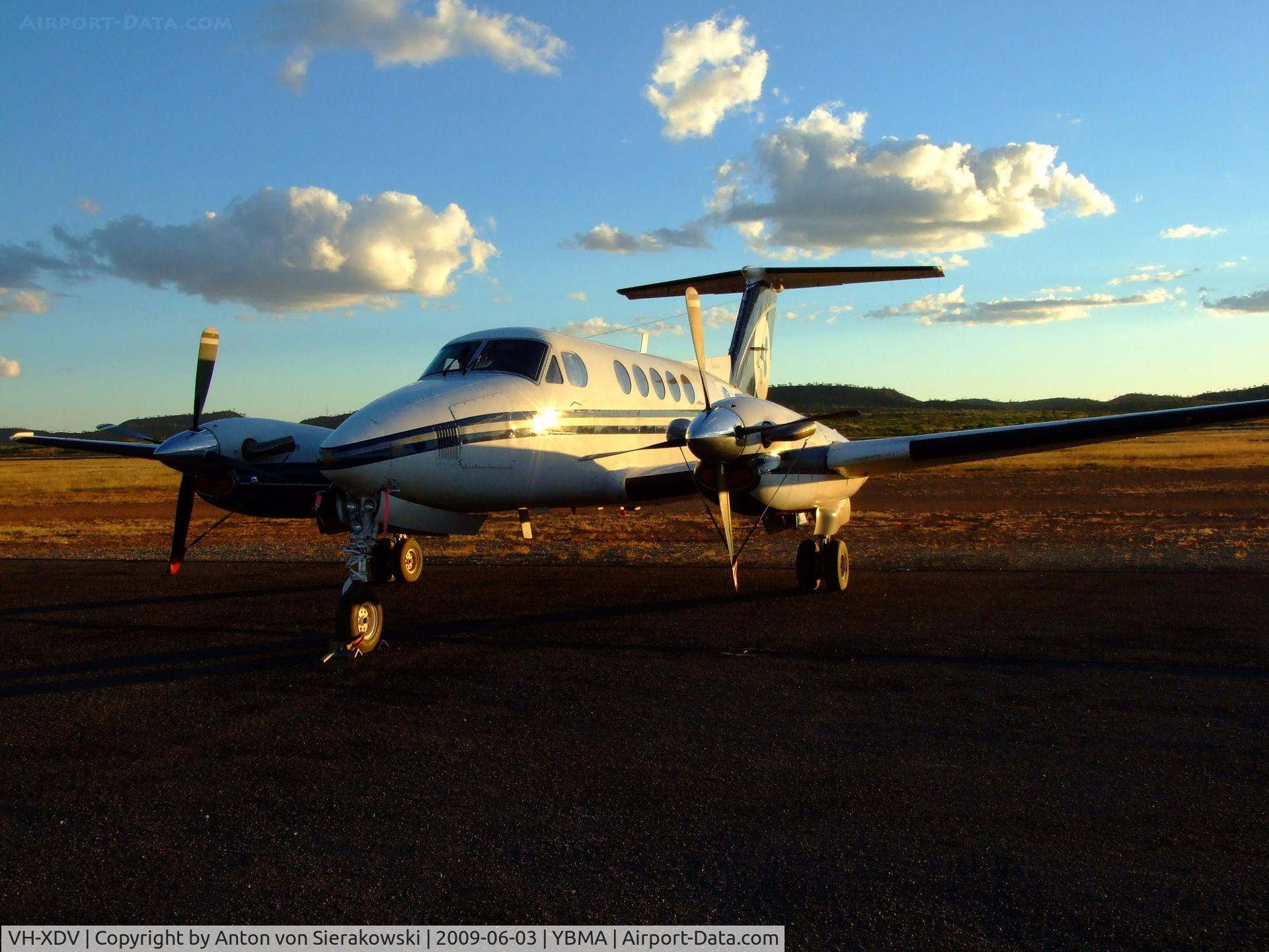 VH-XDV, 1982 Beech B200 King Air C/N BB-1100, VH-XDV @ YBMA Beech B200 King Air (West Wing Aviation)  used for Mail run to remote North West Queensland locations. Time 18:00 local