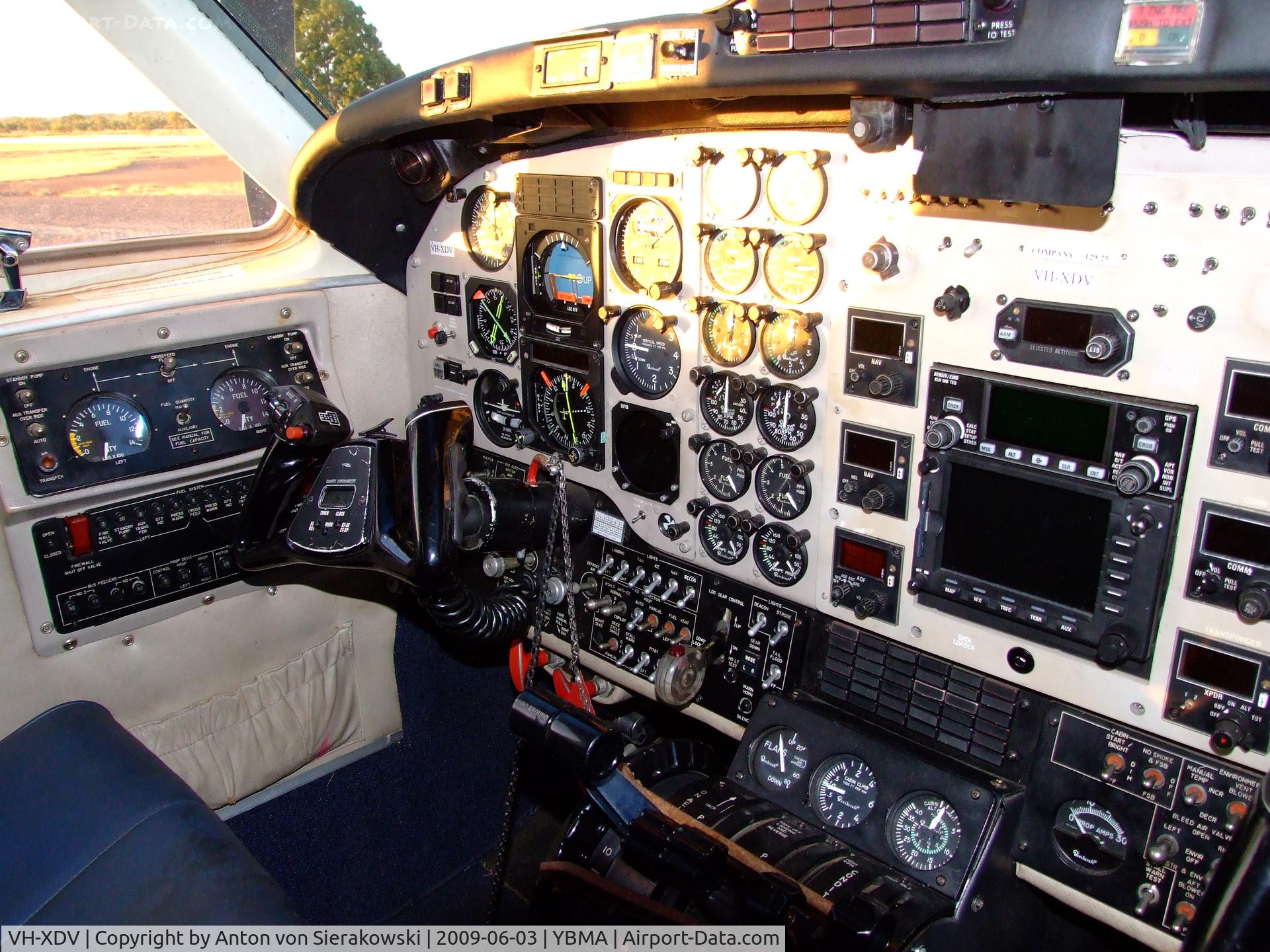VH-XDV, 1982 Beech B200 King Air C/N BB-1100, VH-XDV @ YBMA Beech B200 King Air (West Wing Aviation)  used for Mail run to remote North West Queensland locations. Time 18:00 local. Cockpit view.