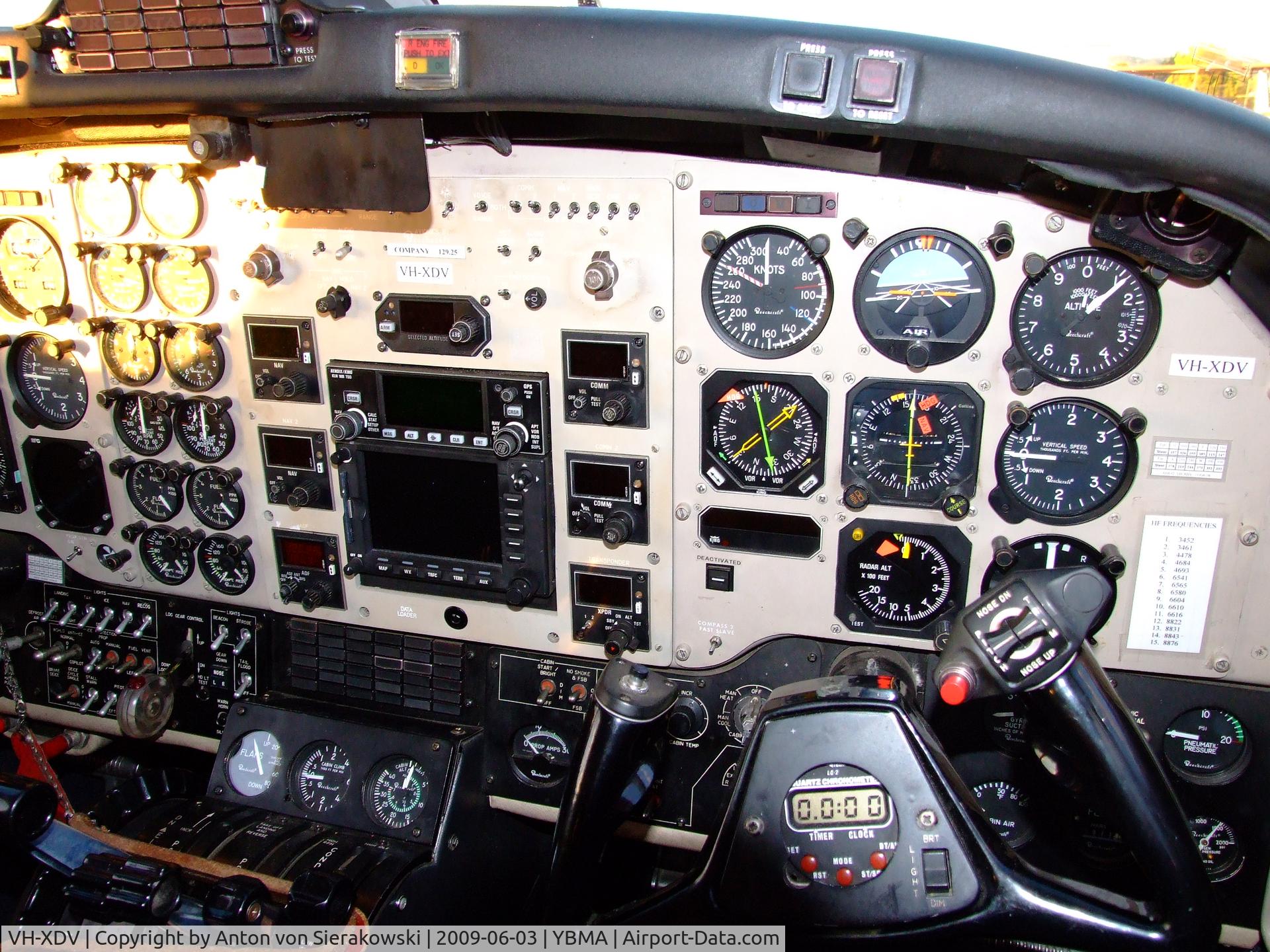 VH-XDV, 1982 Beech B200 King Air C/N BB-1100, VH-XDV @ YBMA Beech B200 King Air (West Wing Aviation)  used for Mail run to remote North West Queensland locations. Time 18:00 local. Cockpit view.