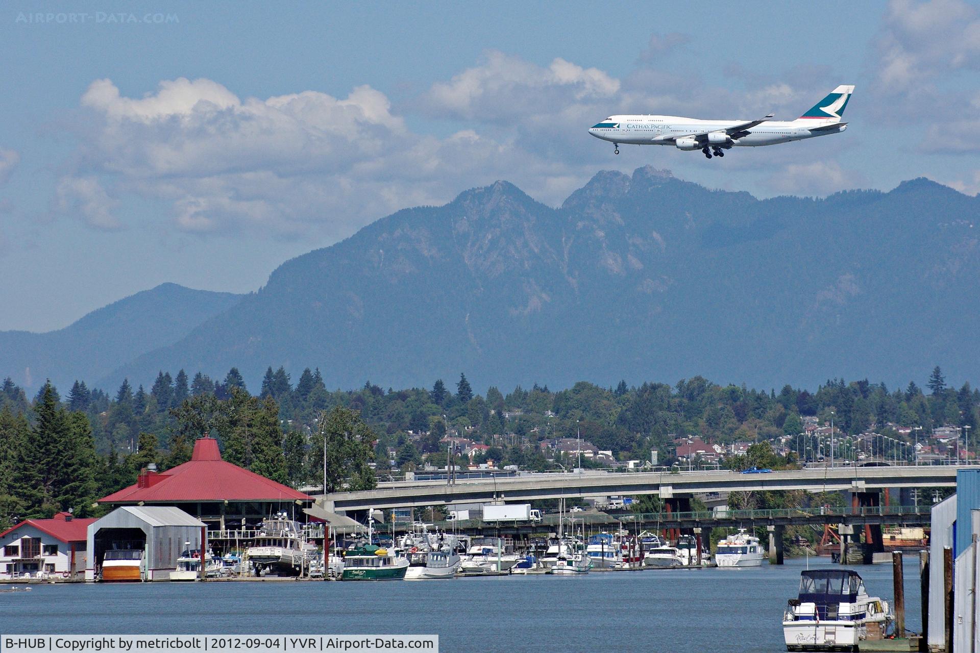 B-HUB, 1992 Boeing 747-467 C/N 25873, CX838 landing at YVR. Aircraft registration confirmed on flightradar24.com