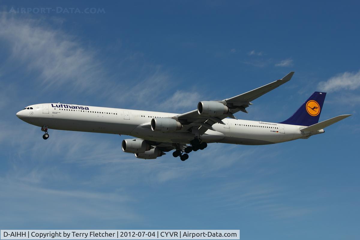 D-AIHH, 2004 Airbus A340-642 C/N 566, Airbus A340-642, c/n: 566 arriving in Vancouver