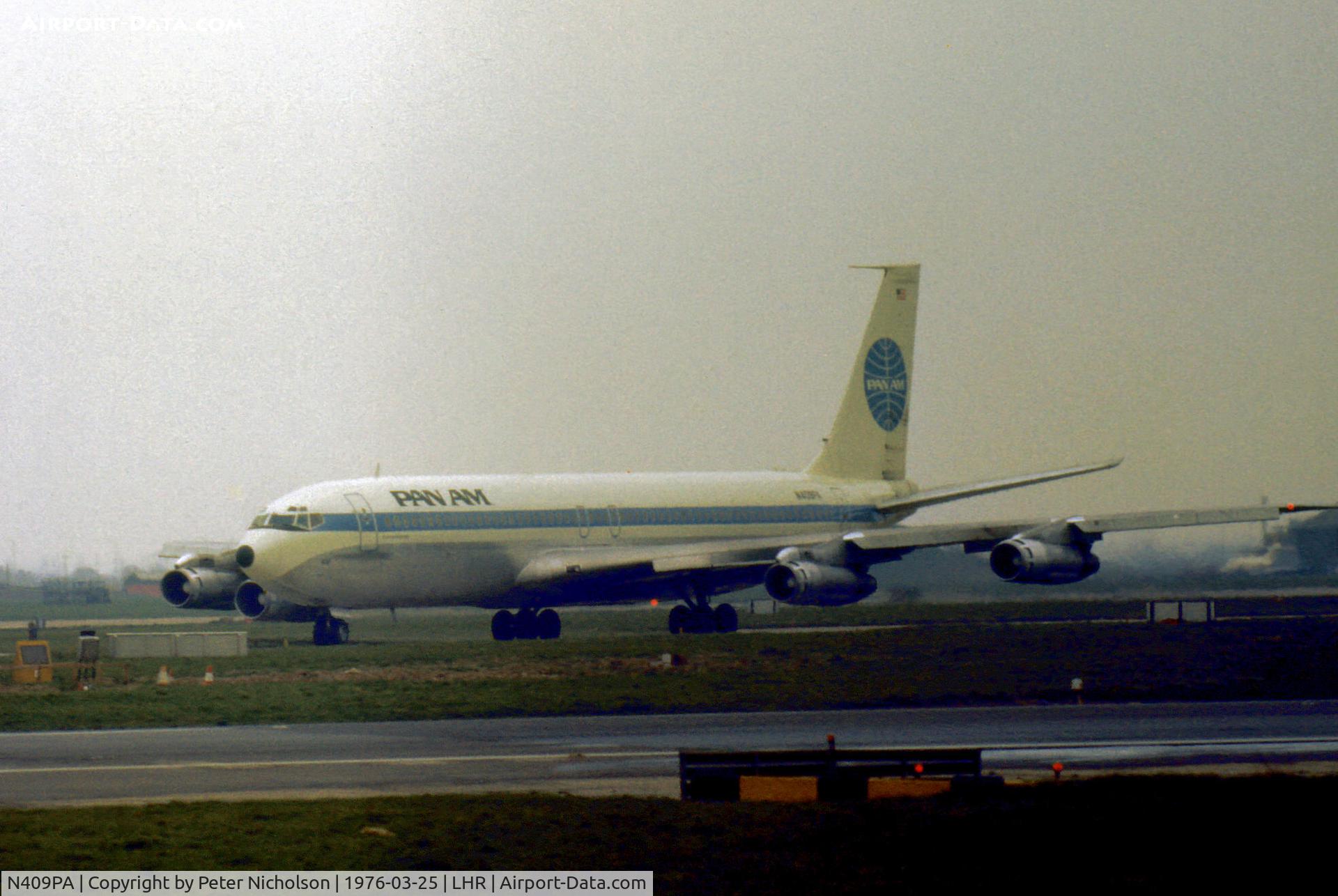 N409PA, 1965 Boeing 707-321B C/N 18840, Boeing 707-321B of Pan American World Airways taxying to the active runway at Heathrow in March 1976.