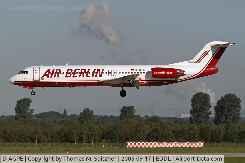 D-AGPE, 1990 Fokker 100 (F-28-0100) C/N 11300, Germania D-AGPE wetleased to Air Berlin in full AB old c/s short finals Rwy23L at DUS. A/C still in service today with Alliance Airlines as VH-XWQ.