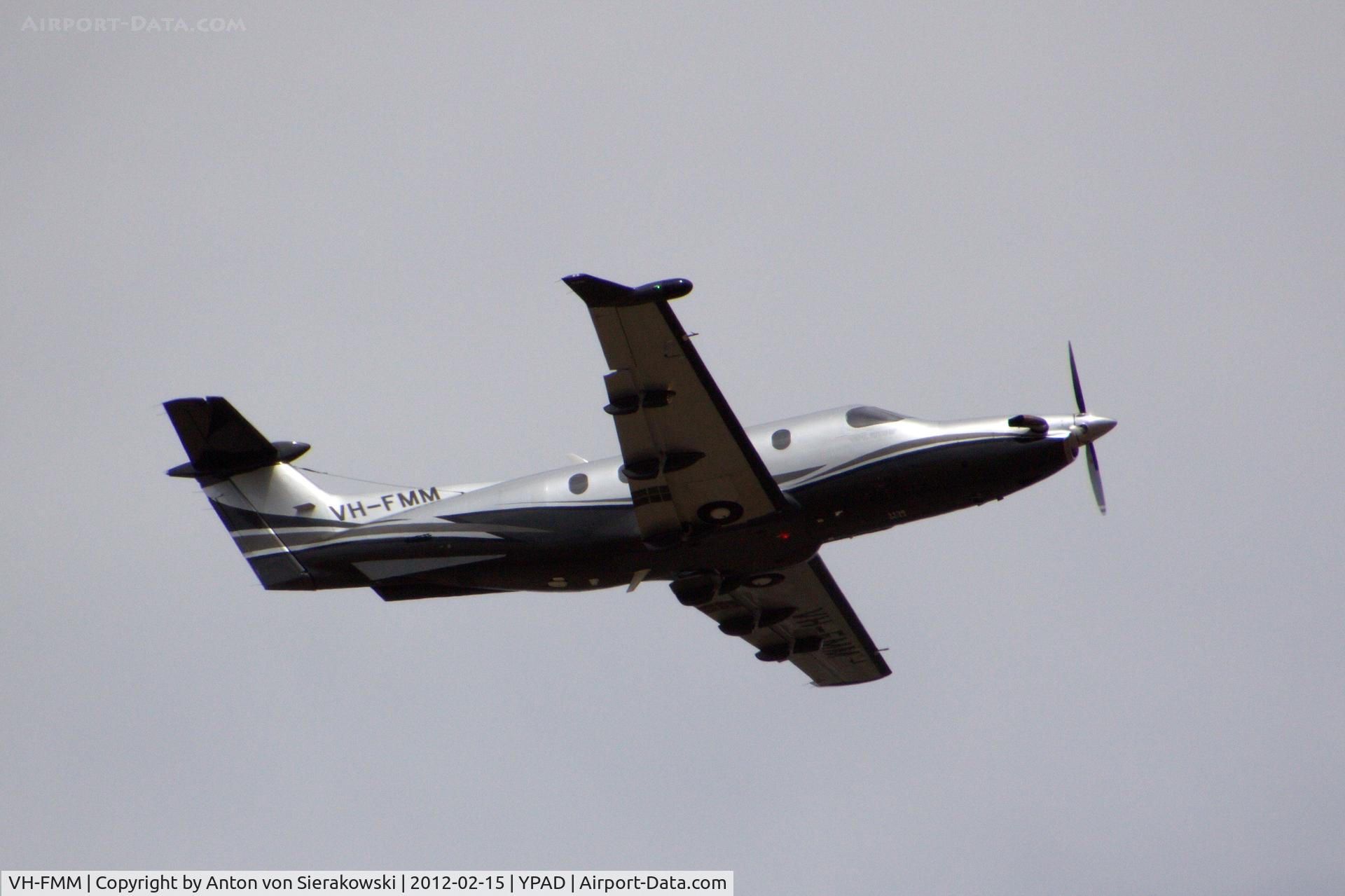 VH-FMM, Pilatus PC-12/47E C/N 1138, VH-FMM departing YPAD. Pilatus PC-12/47E c/n 1138