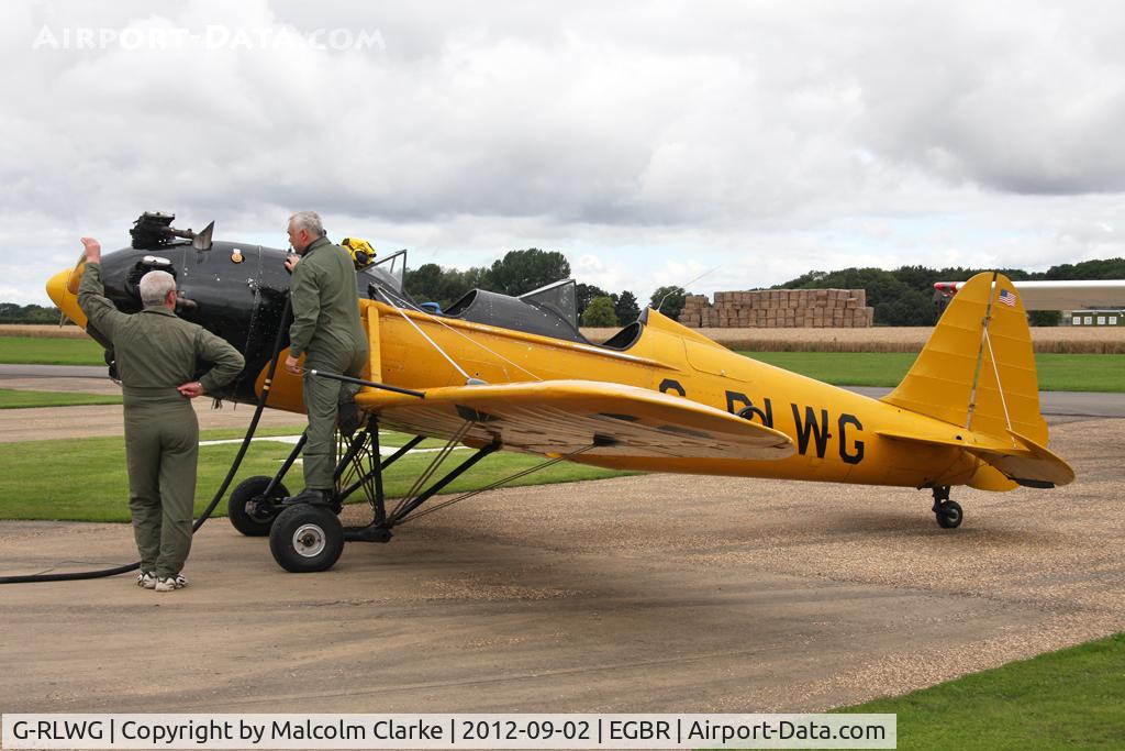 G-RLWG, 1942 Ryan PT-22 Recruit (ST3KR) C/N 1716, Ryan ST3KR at the fuel pump. The Real Aeroplane Club's Wings & Wheels weekend, Breighton Airfield, September 2012.