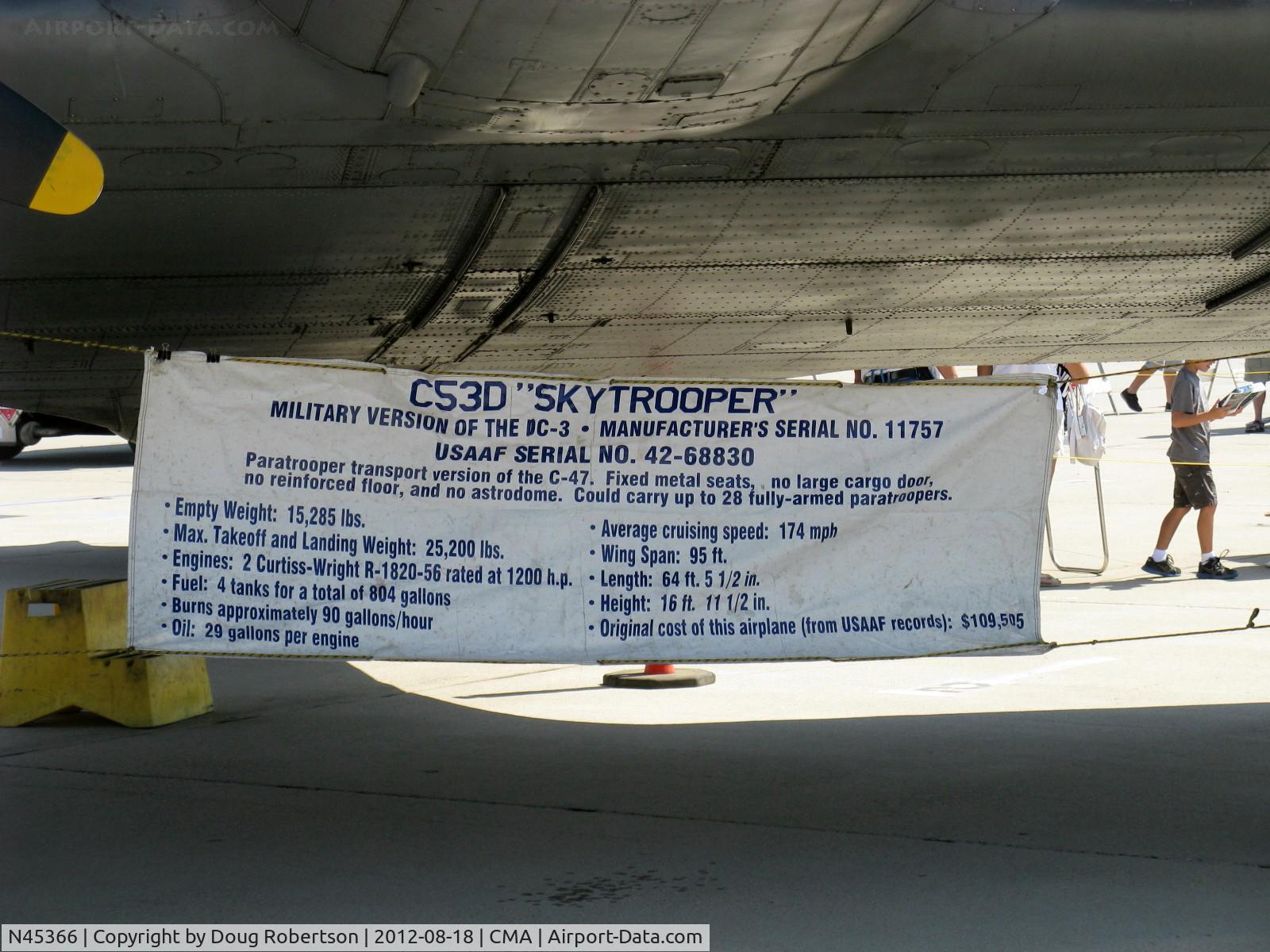 N45366, 1943 Douglas C-53D-DO Skytrooper (DC-3A) C/N 11757, 1943 Douglas C53D SKYTROOPER 'D-Day Doll', two Cuirtiss-Wright R-1820-56 1,200 Hp each, data