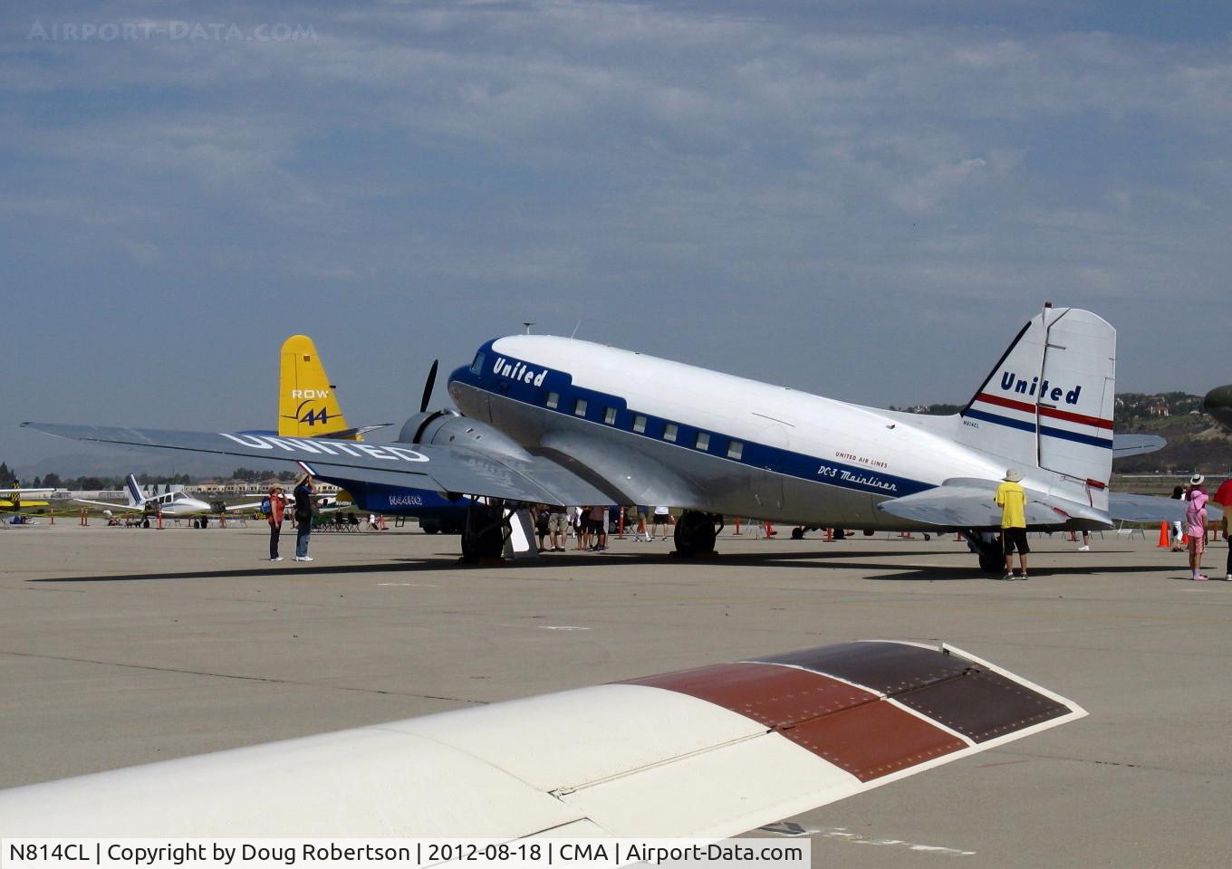 N814CL, 1945 Douglas DC-3C (C-47B-50-DK) C/N 34370, Clay Lacy's 1945 Douglas DC-3C in livery of United Airlines, two P&W R-1820-92 radials 1,200 Hp each