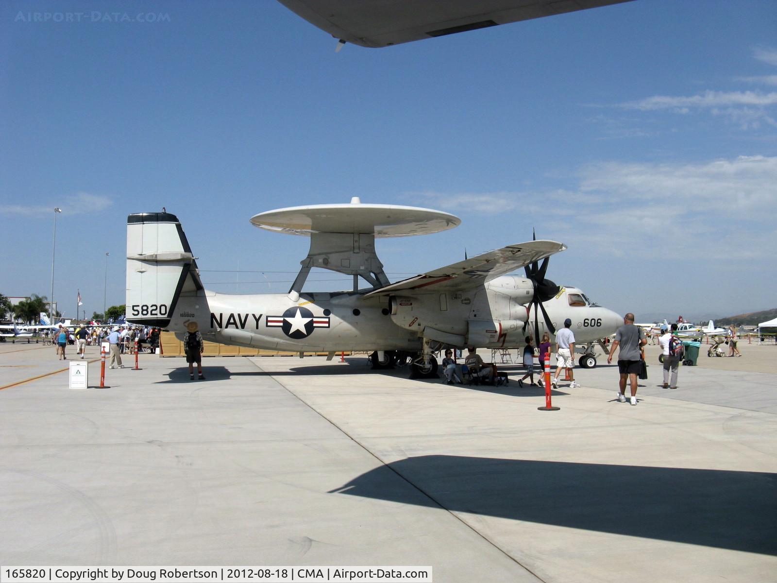 165820, Northrop Grumman E-2C Hawkeye C/N A191, Northrop-Grumman E-2C HAWKEYE, two Rolls Royce (Allison) T56-A-425/427 Turboprops 5,100 ehp each, 8-blade props purr with power. Airshow visitor from nearby NTD.
