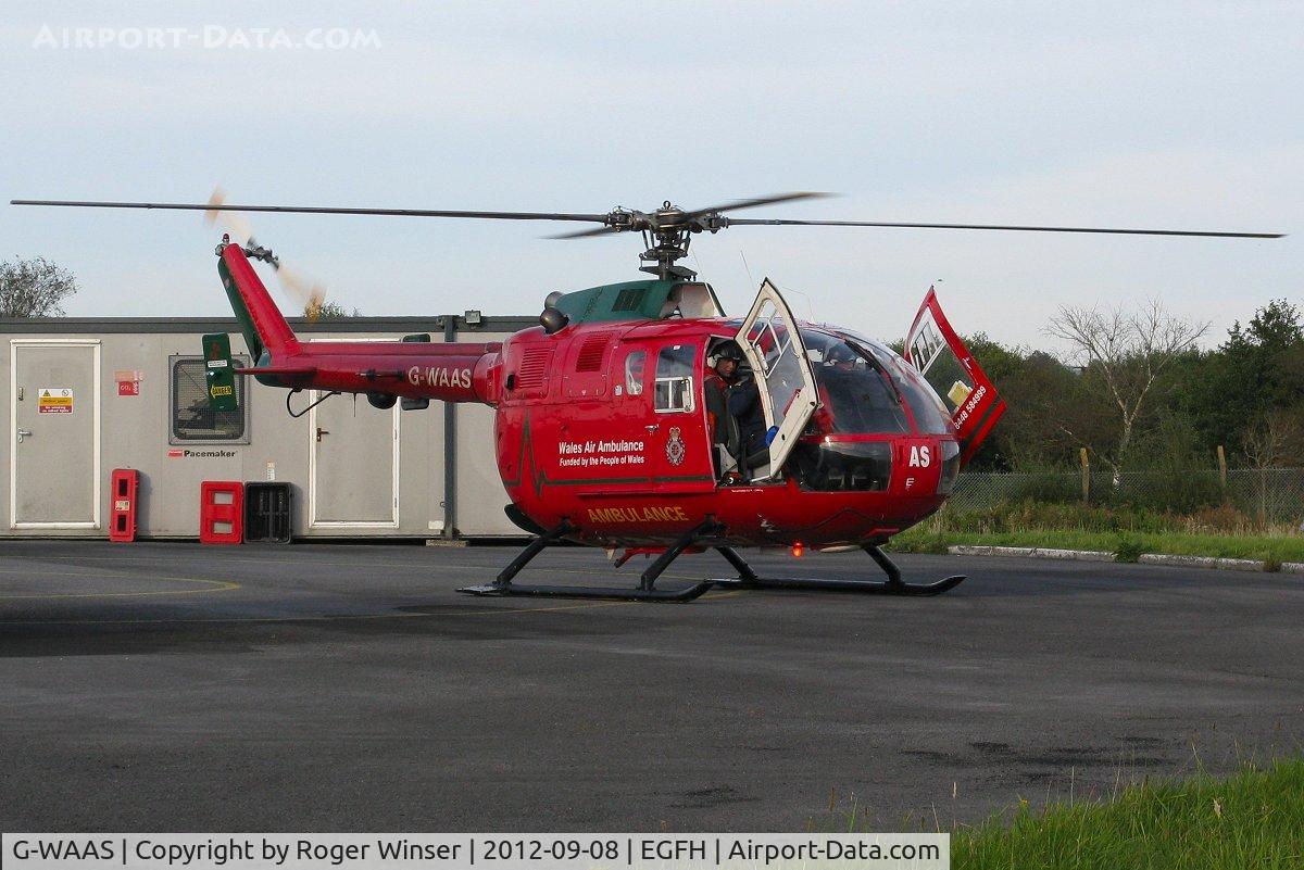 G-WAAS, 1992 MBB Bo.105DBS-4 C/N S.138/911, Welshpool Airport based Wales Air Ambulance helicopter (Helimed 59) drops in for fuel. Replaced by weather RADAR equiped EC-125T-2+ G-WASC as the mid-Wales based helicopter on 2nd November 2012.