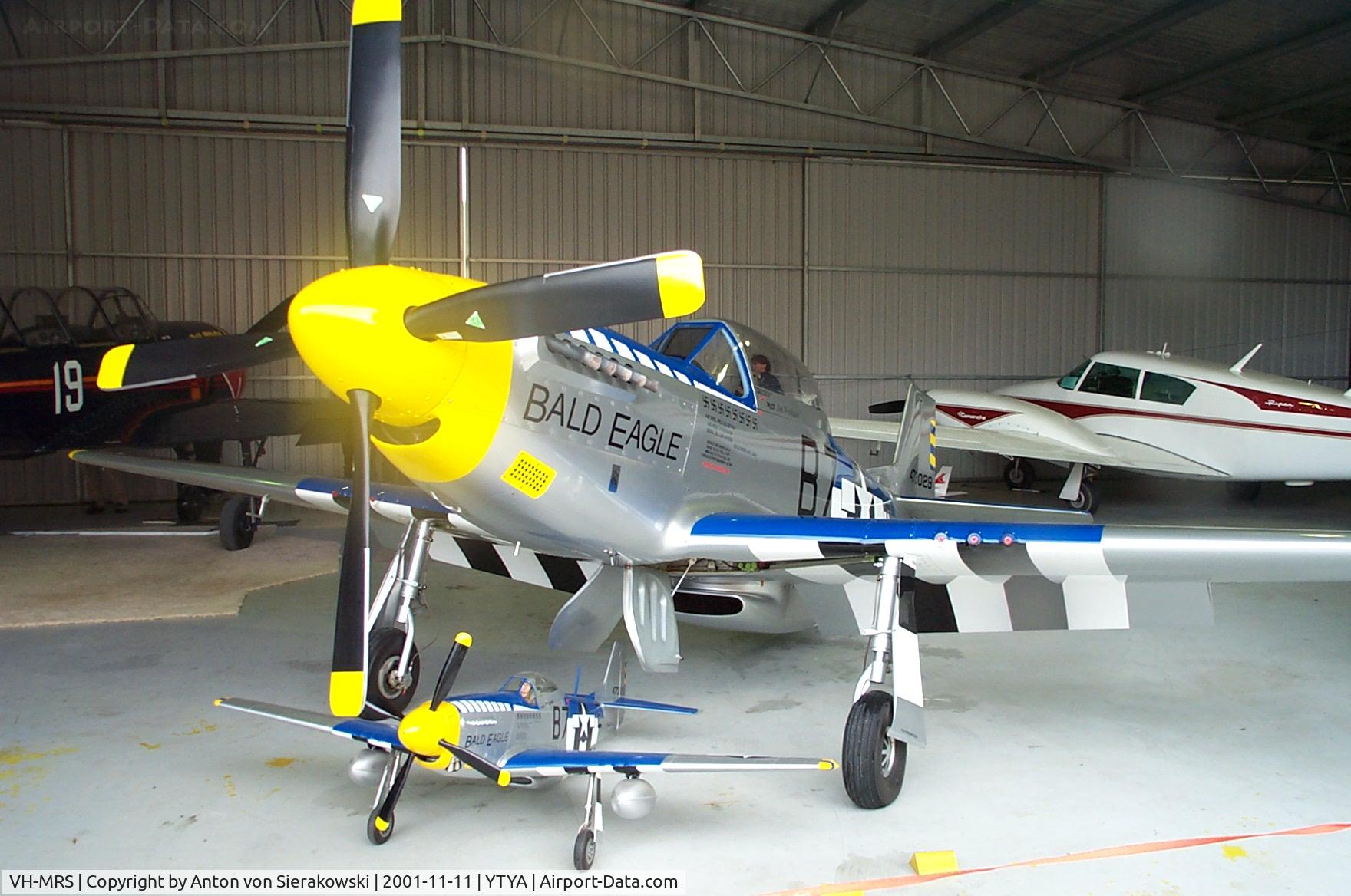 VH-MRS, 1998 Fighter Escort Wings P-51 Mustang replica 2/3 scale C/N V287, VH-MRS @ YTYA Tyabb 2001 PAC Air Show with its smaller cousin.